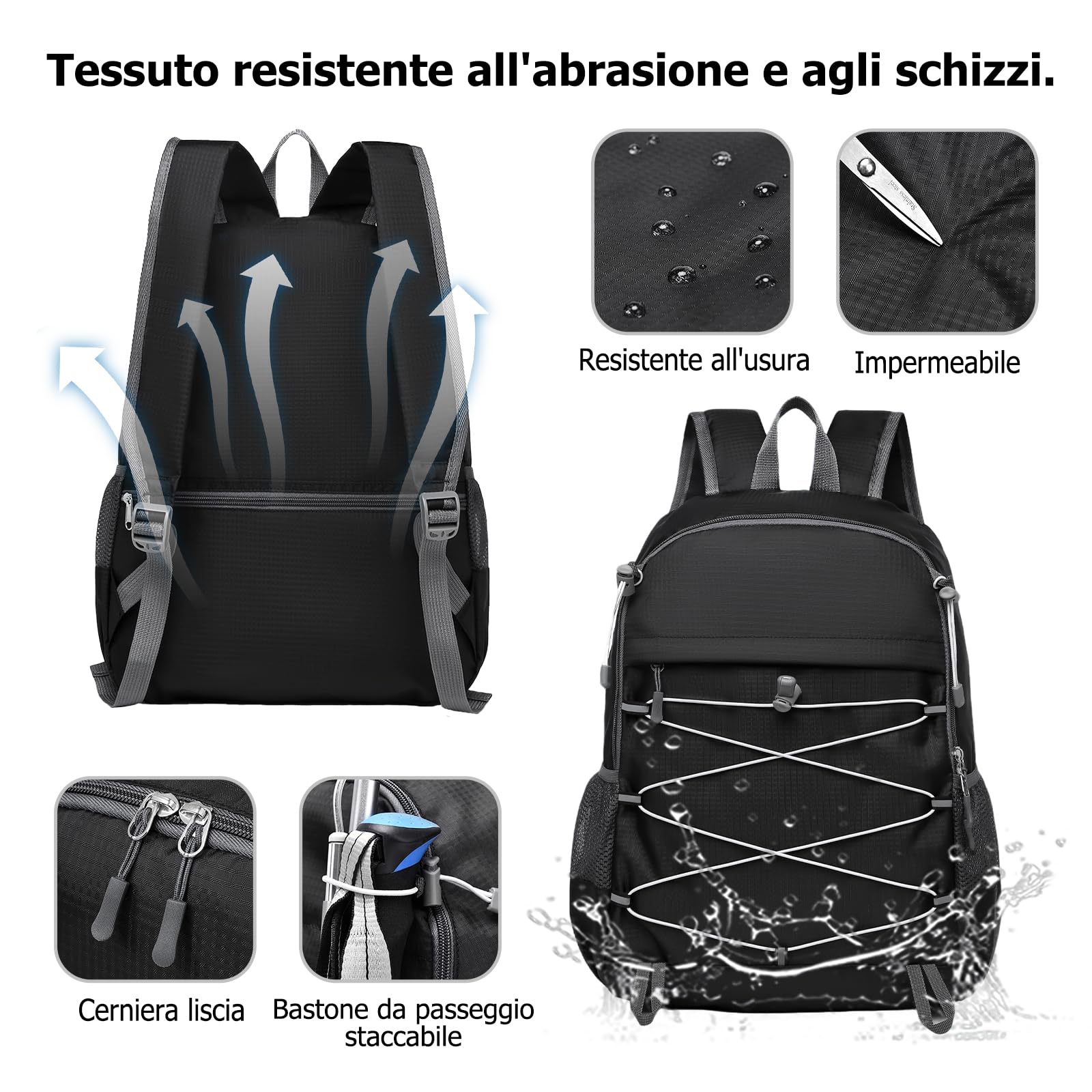 Zaino Pieghevole Zaino da Trekking Grande Impermeabile Leggero Zaini Donna Uomo Backpack per Campeggio Viaggio Sport Nero
