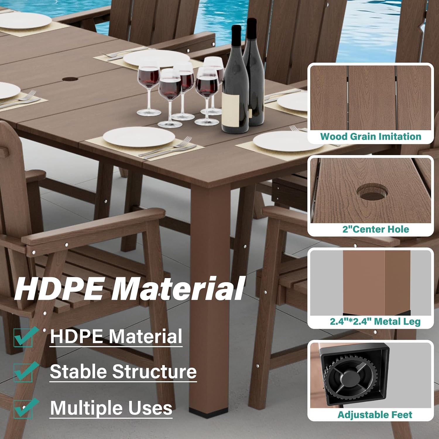 9-Piece Patio Dining Set, Outdoor Dining Set for 8, Large HDPE All-Weather Outdoor Furniture with 89.57” Umbrella Hole Table, 8 Armchairs, Brown
