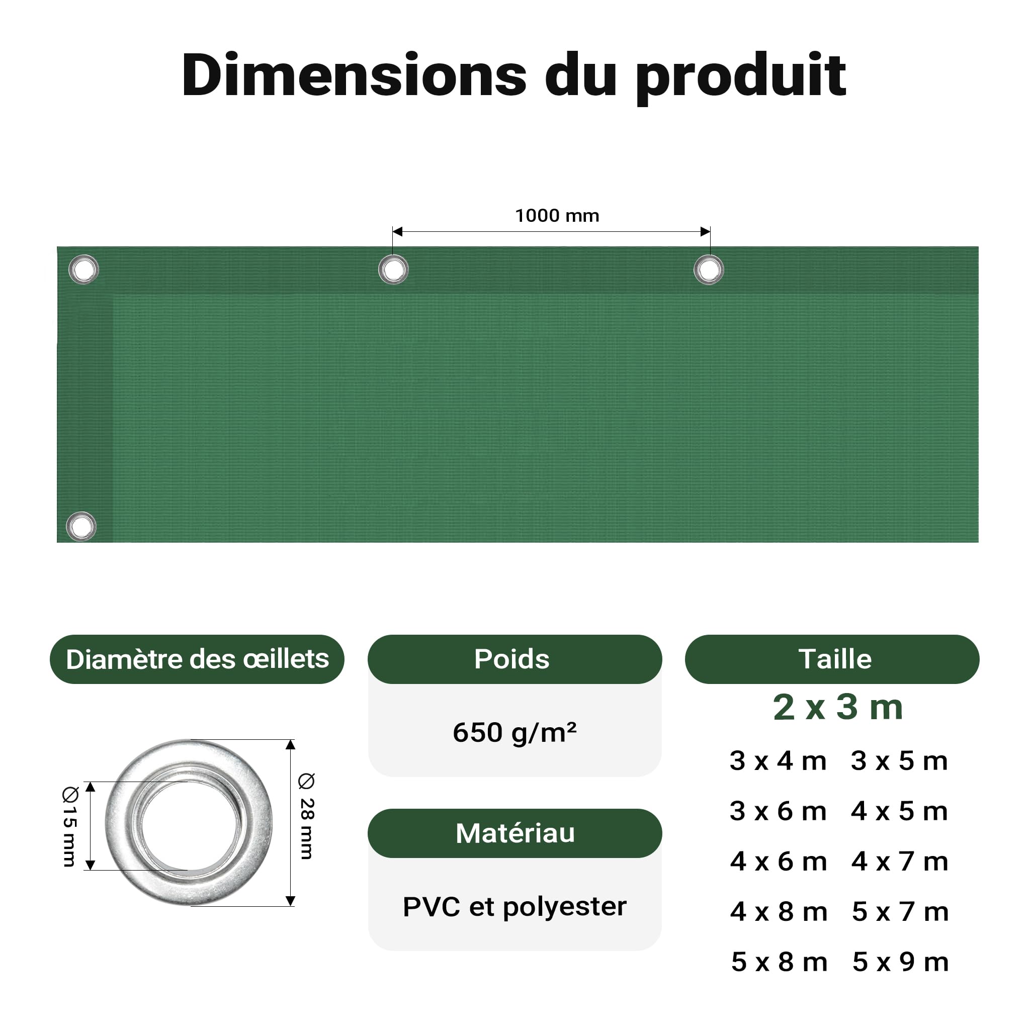 Wiltec Bâche de Camion 2 x 3m Vert foncé 650 g/m² Polyester Revêtement PVC Œillets INOX 100cm Haute Protection Vol UV Intempéries Moisi Étanche Solide Haute Résistante Couverture Sécurité routière