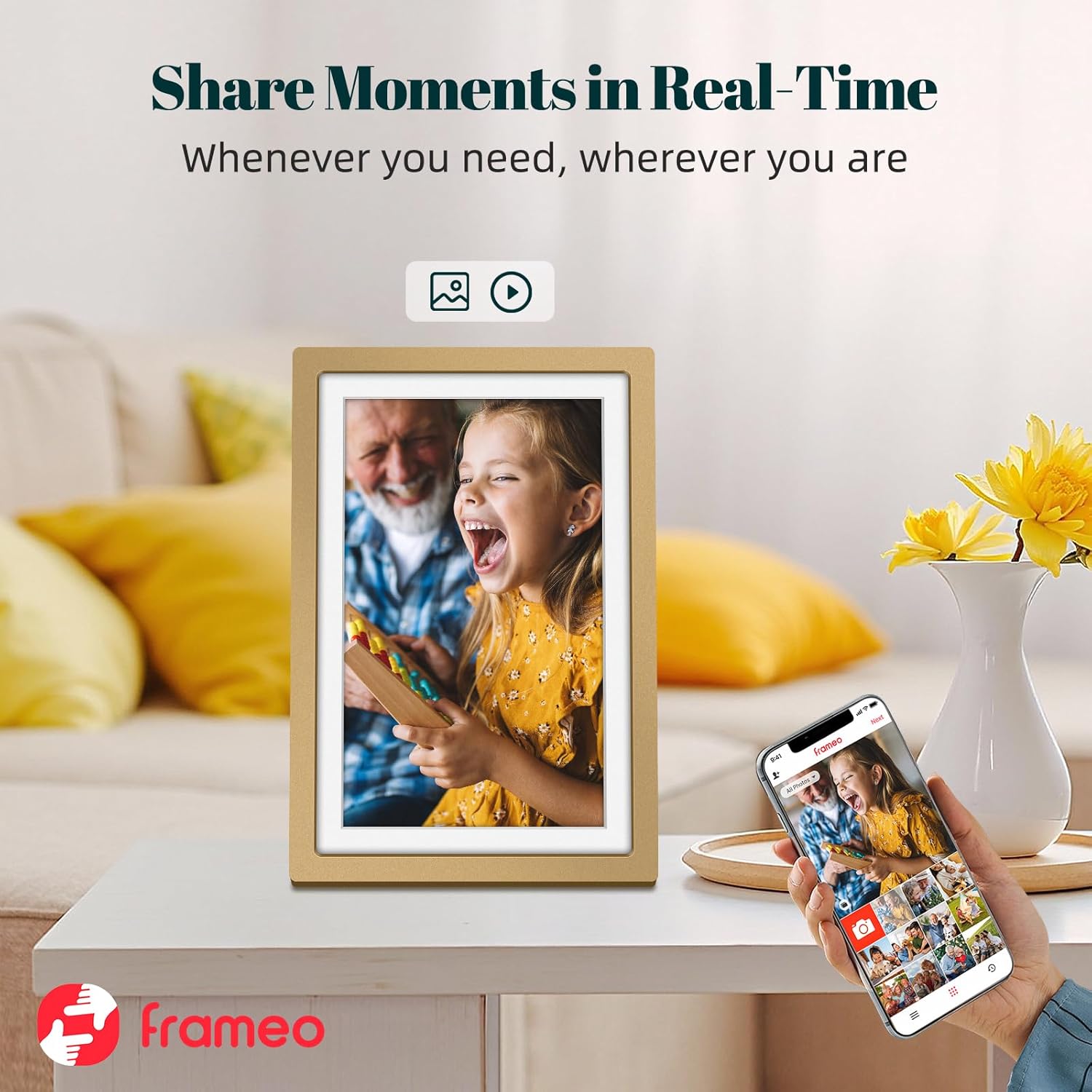 Frameo Digital Photo Frame WiFi Champagne Gold Frame 10.1 Inch Picture Frame with 1280x800 HD IPS Touchscreen, Built-in 32GB, Send Photo Video via Frameo App/USB/SD, Gifts for Women Men