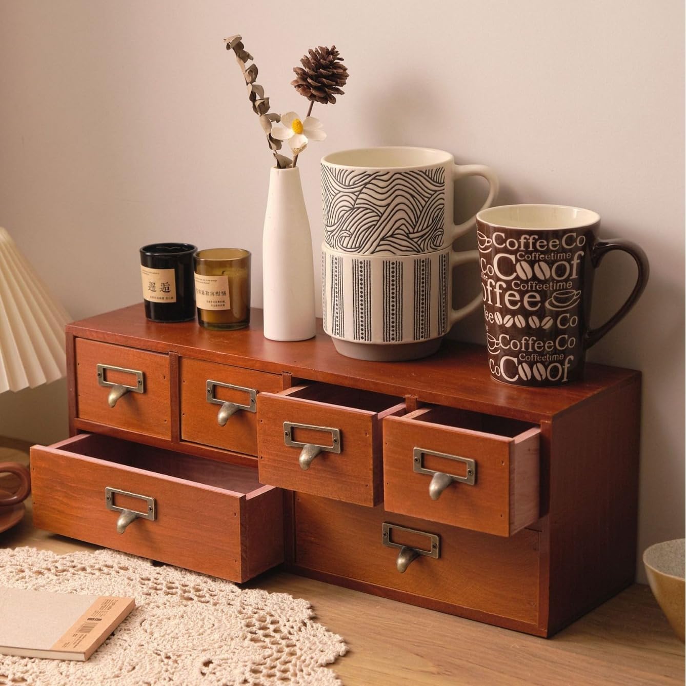 Tabletop Wood Storage Cabinet with 6 Drawers, Desktop Organizer Cabinet with Label Slots Retro Storage Box with Handles Brown for Living Room Kitchen