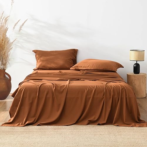 Miniatura 2 de PANDATEX Juego de sábanas de mezcla de algodón de bambú con textura de lino rojo óxido, sábanas suaves, frescas y transpirables para personas que
