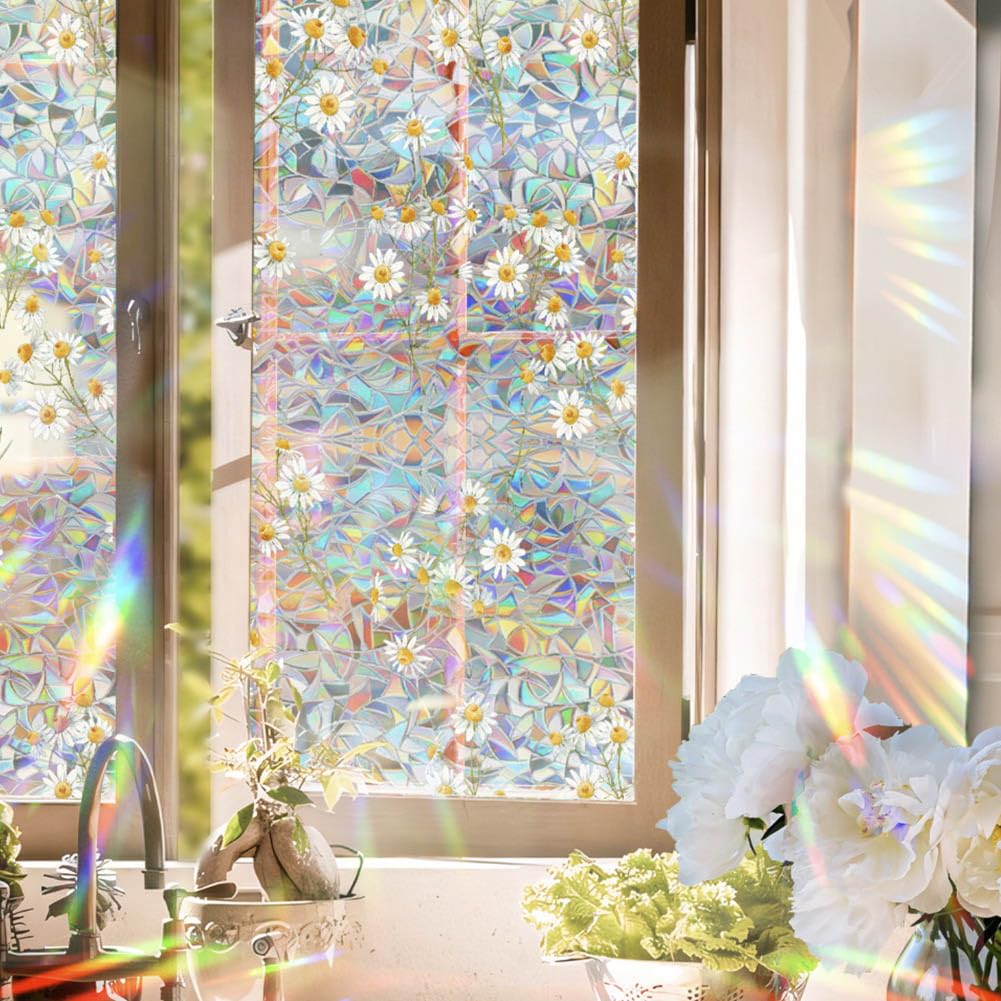 Static Cling Decorative Window Film Vintage Daisy Flower Window Privacy Film PVC Stained Glass Window Sticker Heat Blocking Window Coverings for Bathroom Living Room Kitchen,43x100cm - Image 2