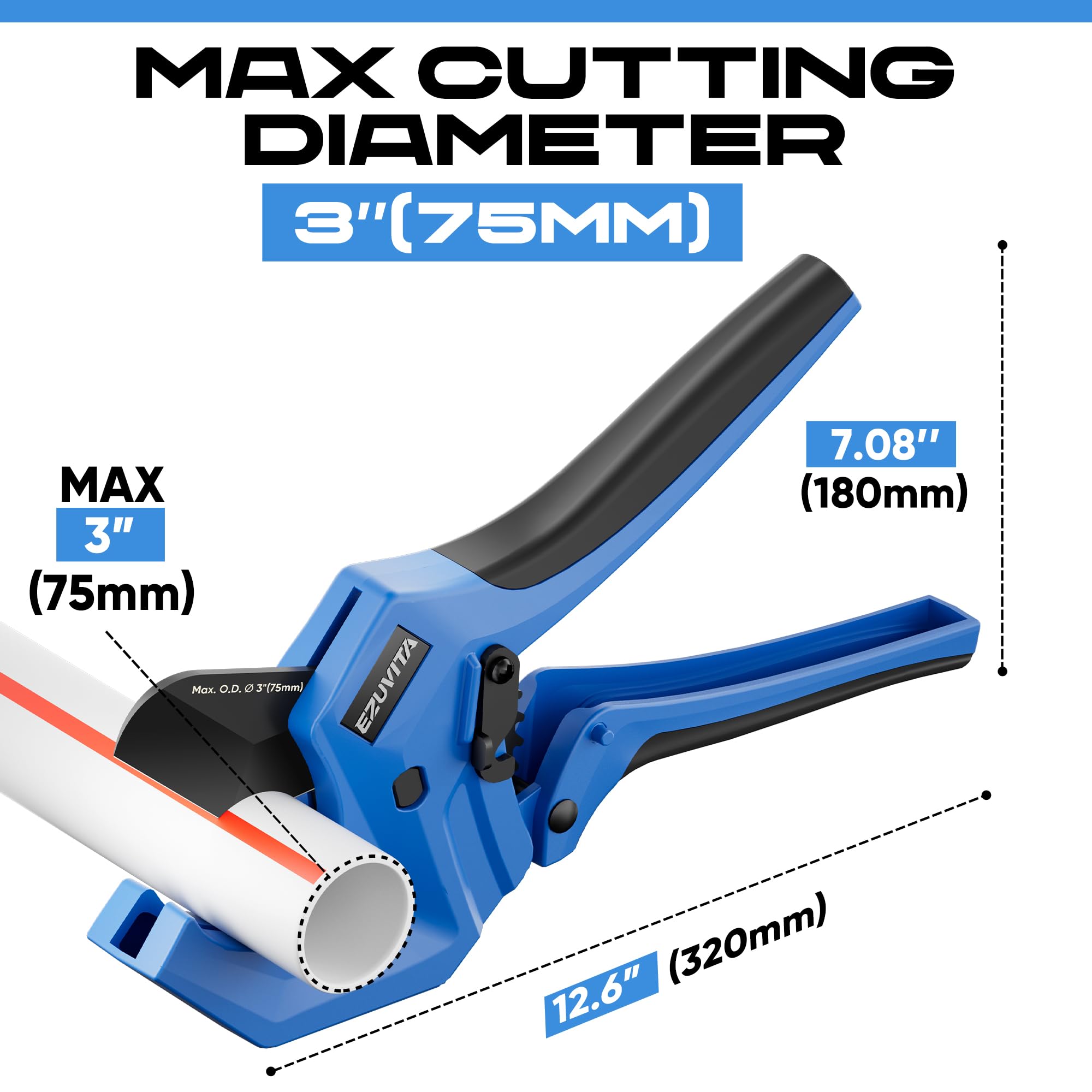 Cortador de tubos de PVC con trinquete, corta hasta 3 pulgadas, herramienta de corte de tubos de trinquete de aluminio resistente para manguera PEX, PVC, CPVC, PE, PP, ABS y goma, adecuado