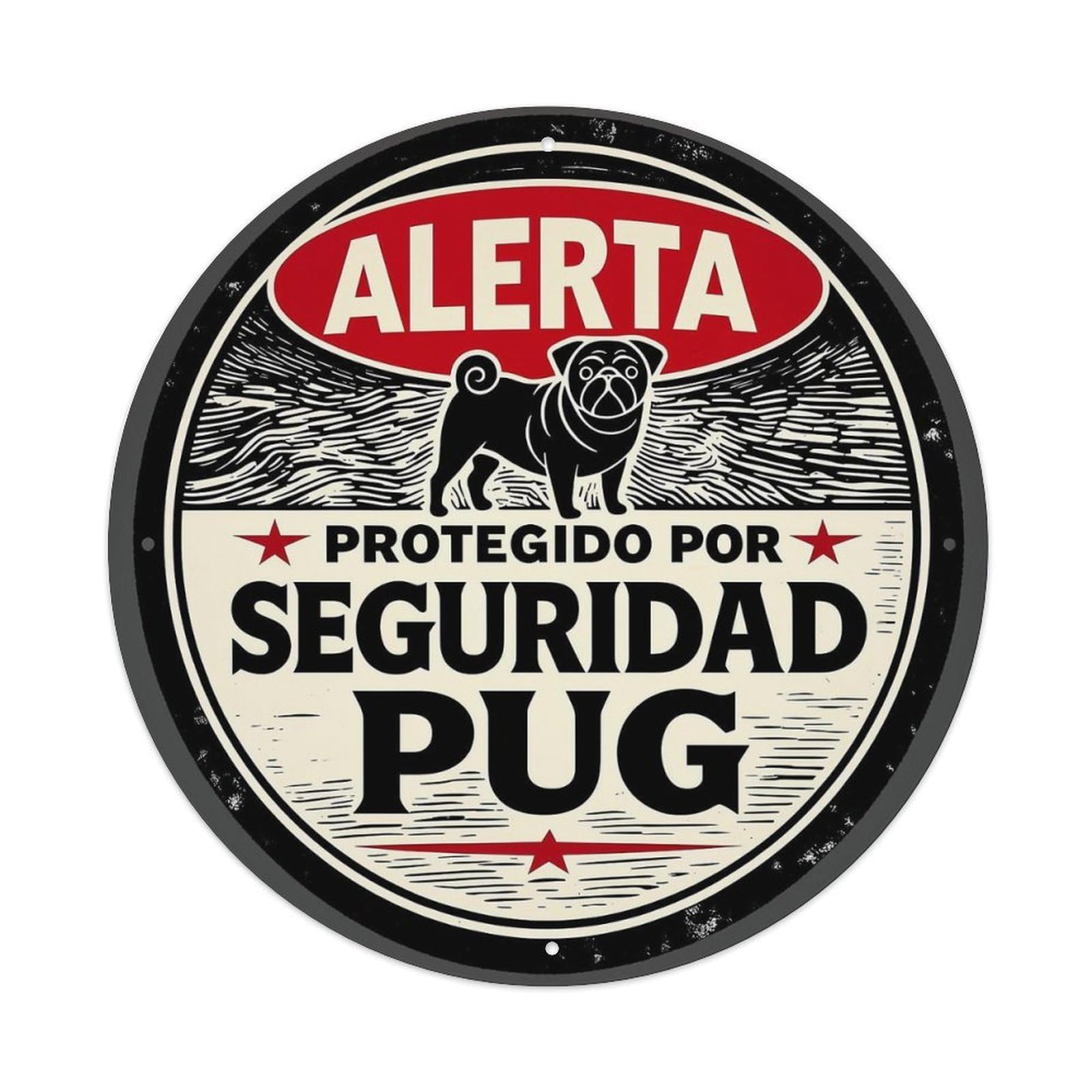 Jdyansheng Vintage Alerta Protegido Por Seguridad Pug Tin Sign Metal Poster Metal Signs For Home Man Cave Bar Cafe Kitchen Laundry Room Wall Decorations 8X8 Inches