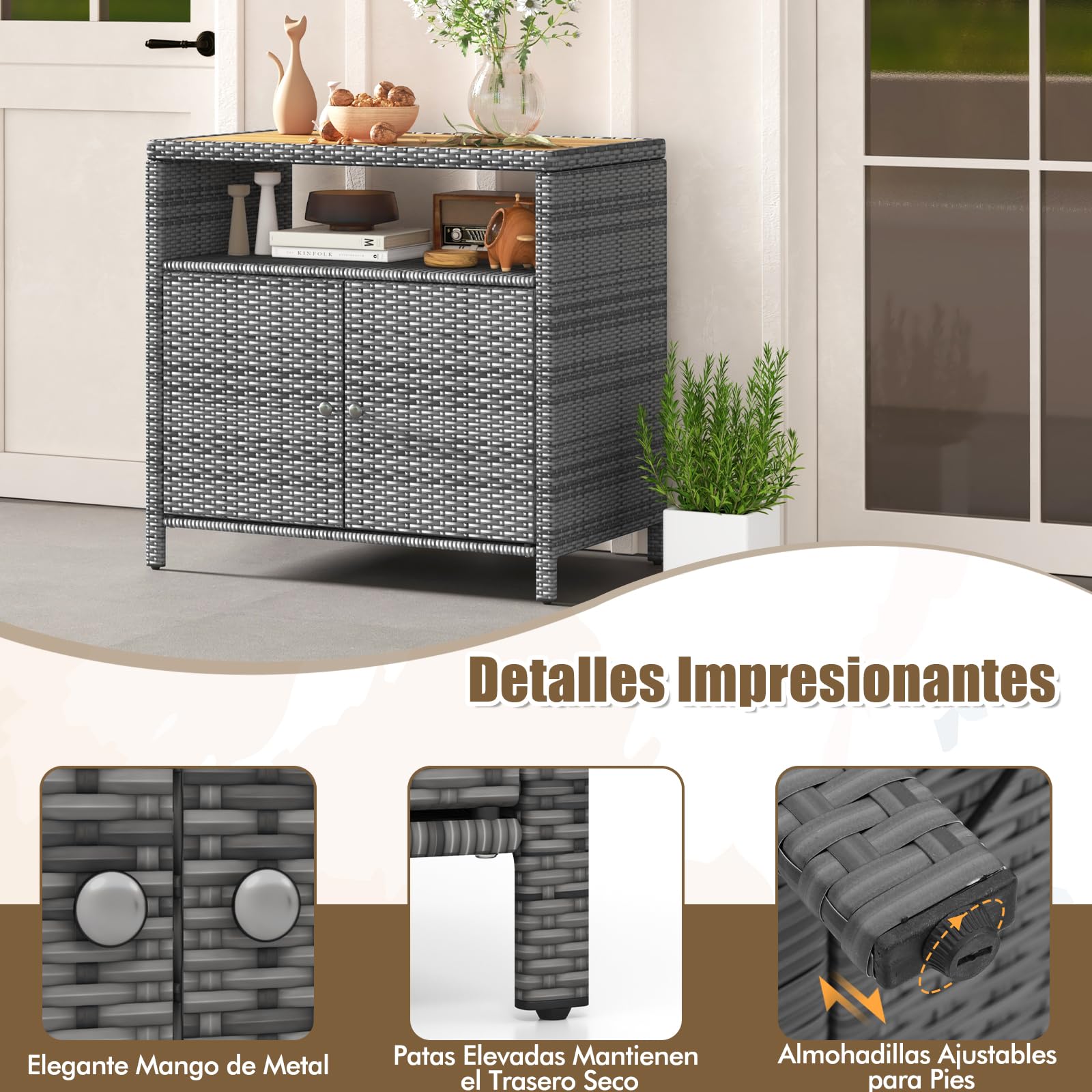 GYMAX Armario de Jardín de Ratán, Aparador con Encimera de Madera de Acacia, 2 Puertas y Estante Abierto, Mueble Exterior Almacenaje para Herramientas de Jardín, 90 x 53 x 86 cm (Gris)