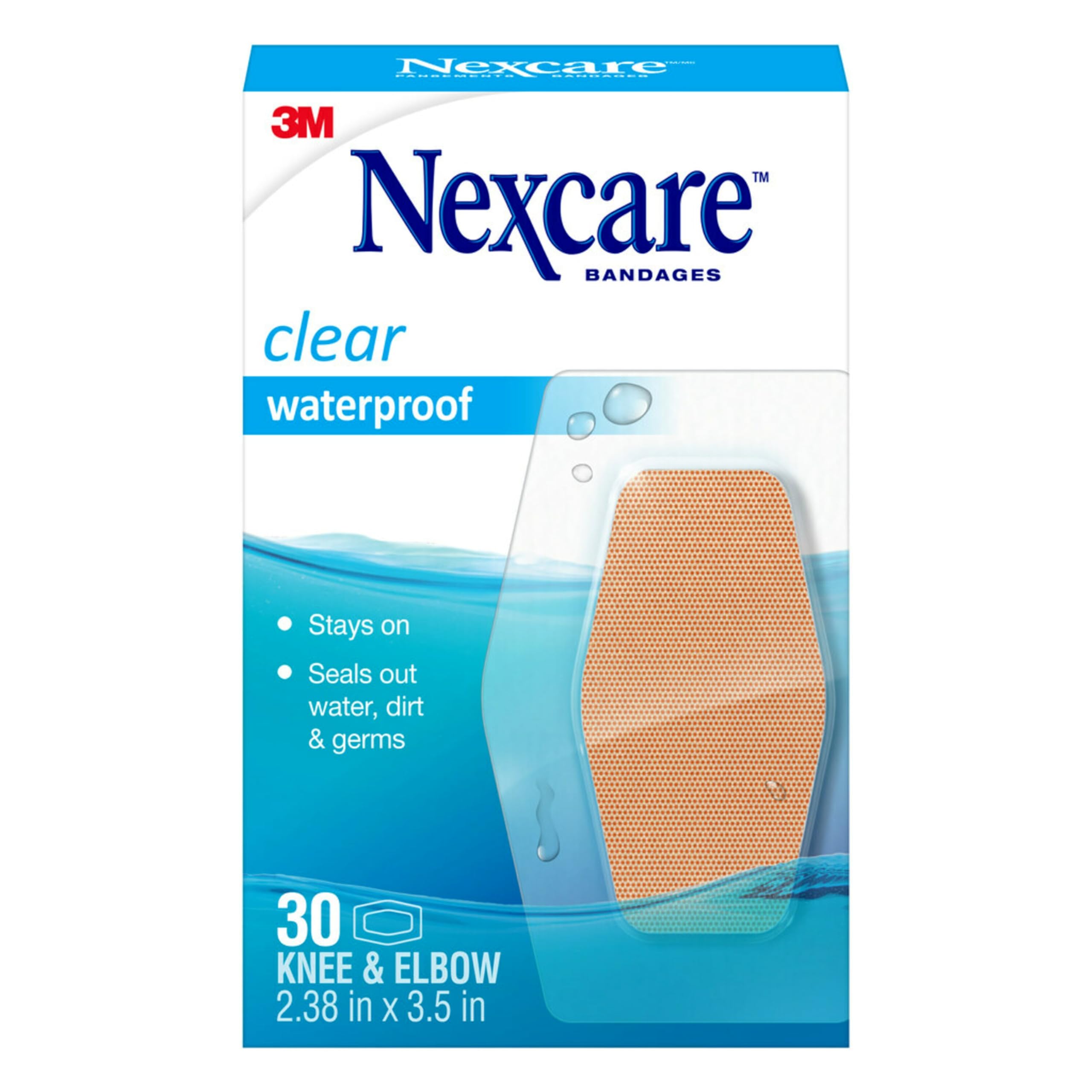 Nexcare Waterproof Clear Bandages For Knee And Elbow, Stays On Skin In The Bath, Shower Or Pool, 2.38 x 3.5 in, 30 Count