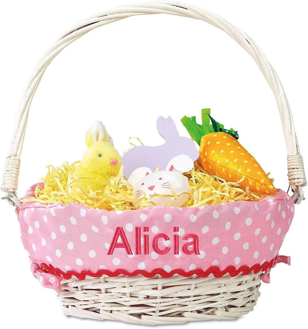 Lillian Vernon Kids Personalized Wicker Easter Basket - Removable Pink Liner With Embroidered Name, For Young Girls & Boys, Baby’s First Egg Hunt, Cute Custom Spring Gifts, 11” x 14”