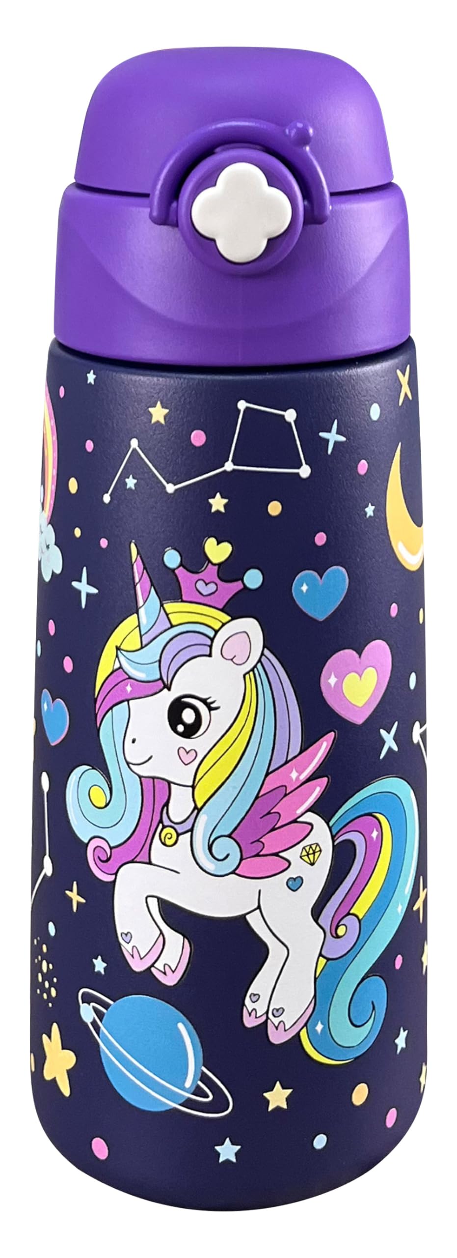 Ntswasd Girls Insulated Water Bottle with Covered Pop-Up Straw,16 oz Kids Cups with Stainless Steel Leak Proof for School（Unicorn-Purple）