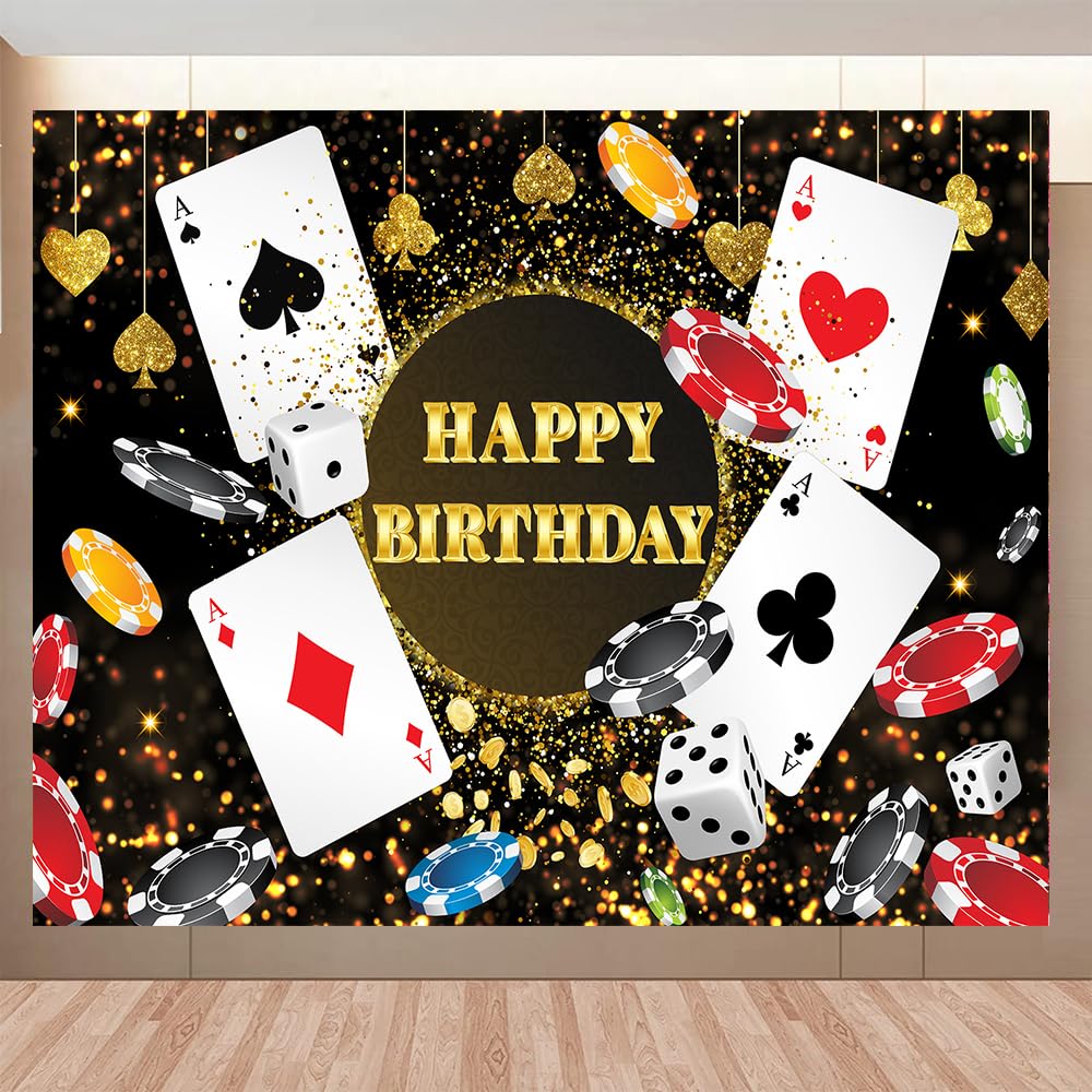 10x8FT Casino Happy Birthday Backdrop Adult Las Vegas Casino Night Background Poker Dice Casinos Theme Glitter Birthday Party Decorations Photography