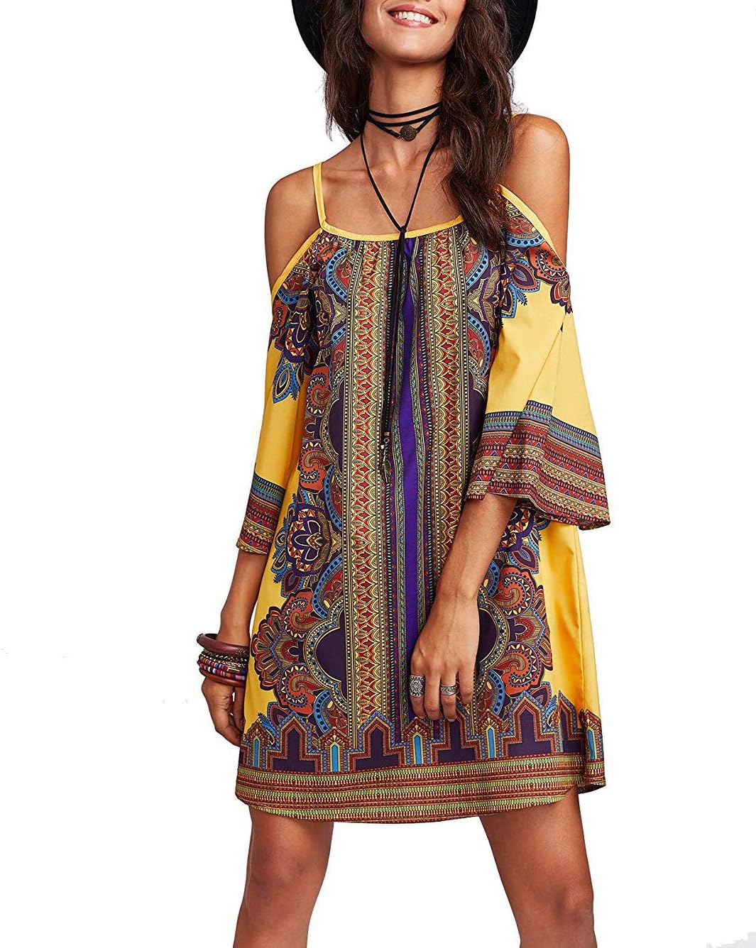 DDSOL Women's Bohemian Ethnic Spaghetti Sundress Cold Shoulder 3/4 Sleeve Beach Short Dress