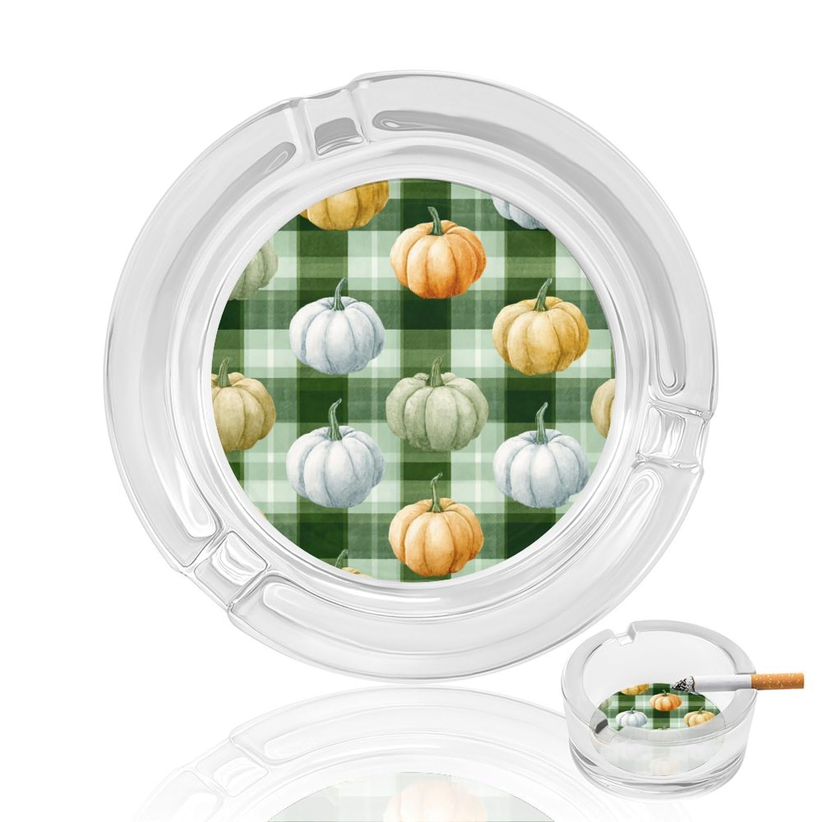 Pumpkins on Green And White Plaid Glass Ashtray for Cigarettes Portable Decorative Ash Trays for Home Office Decor
