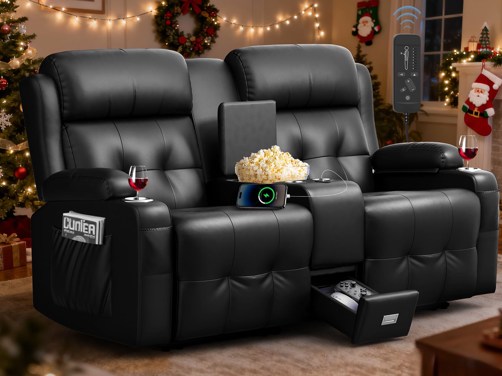 RV Loveseat Recliner Sofa, Home Theater Seating with Console &amp; Massage
