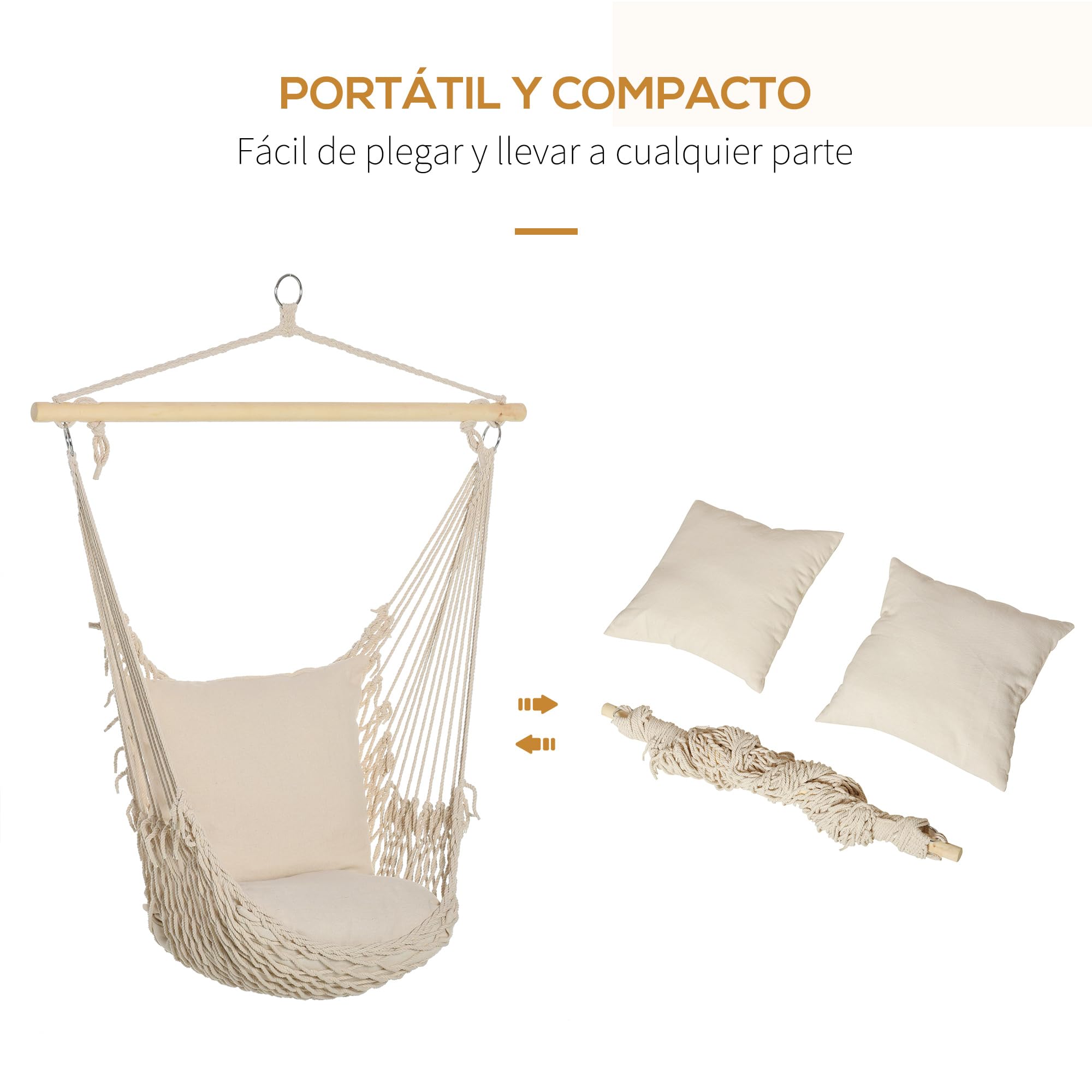 Outsunny Silla Colgante Hamaca Columpio con 2 Cojines de Algodón Barra de Madera Carga 120 kg Silla Columpio para Interior y Exterior Crema
