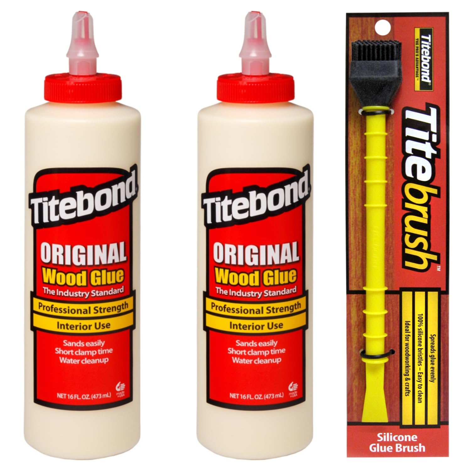 Titebond Original - Pegamento para madera (473 ml, 2 unidades, para uso en interiores, incluye aplicador de pegamento Titebrush, pincel de pegamento), color negro