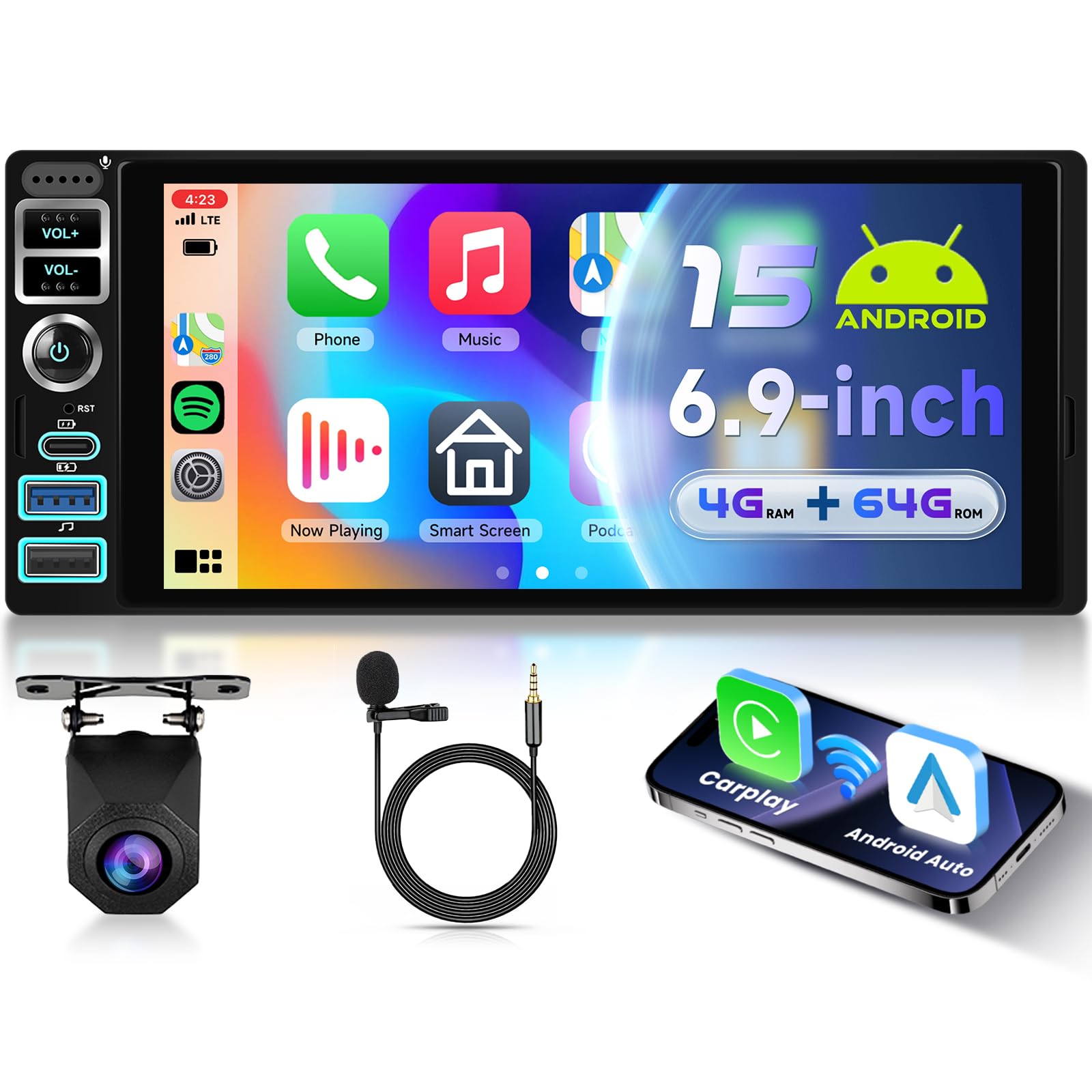 VECHTEL 4G+64G Android 15 Autoradio 1 Din con Carplay Android Auto senza Fili, 6.9 Pollici HD IPS Schermo Tattile Stereo Auto con Bluetooth 5.0 Radio FM RDS GPS Wi-Fi Mirror Link USB/Type-C Telecamera