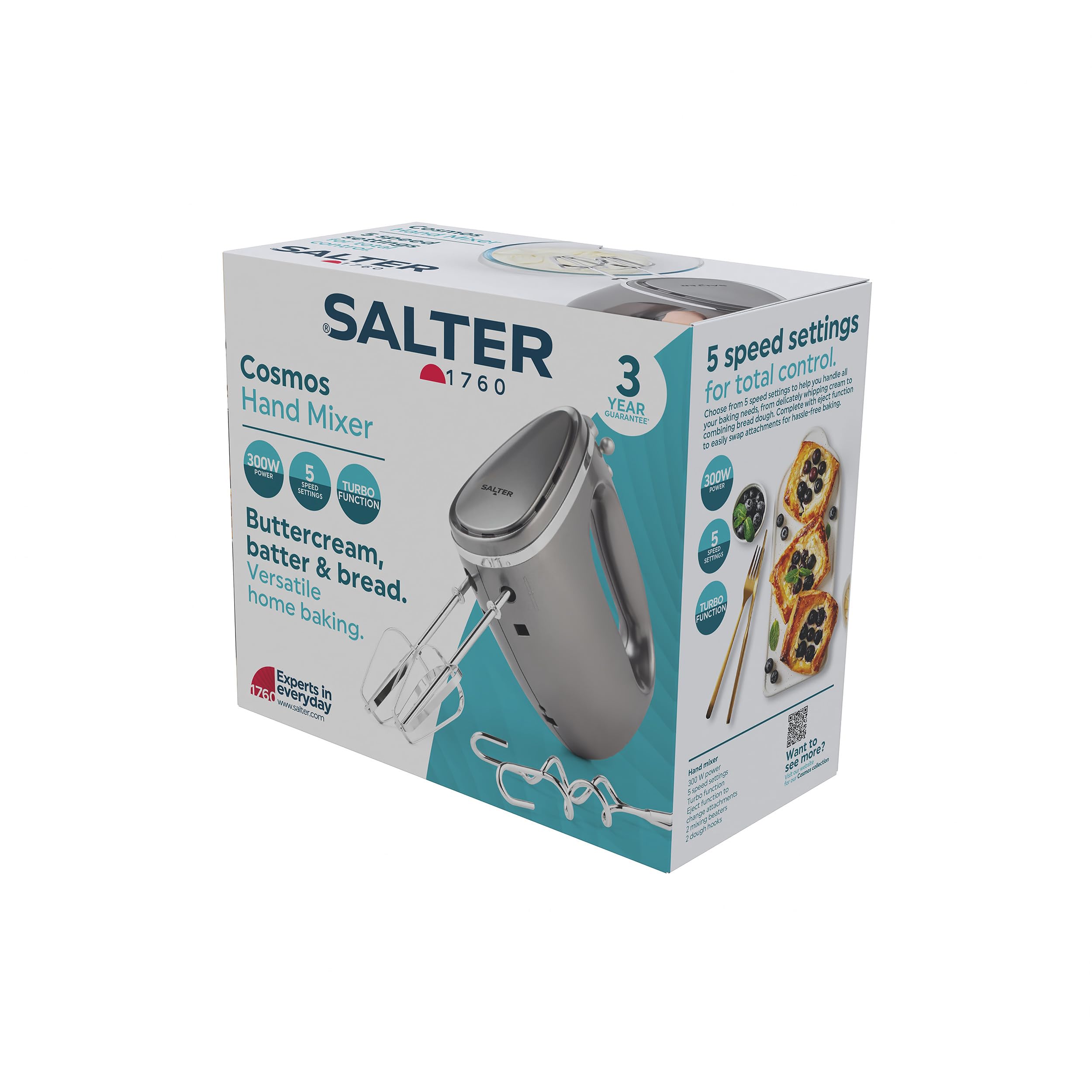 Batidora eléctrica de mano Salter EK4249COSVDEEU10, con batidores y ganchos amasadores, 5 velocidades ajustables y modo turbo, para batir y mezclar alimentos, colección Cosmos, gris, 300 W