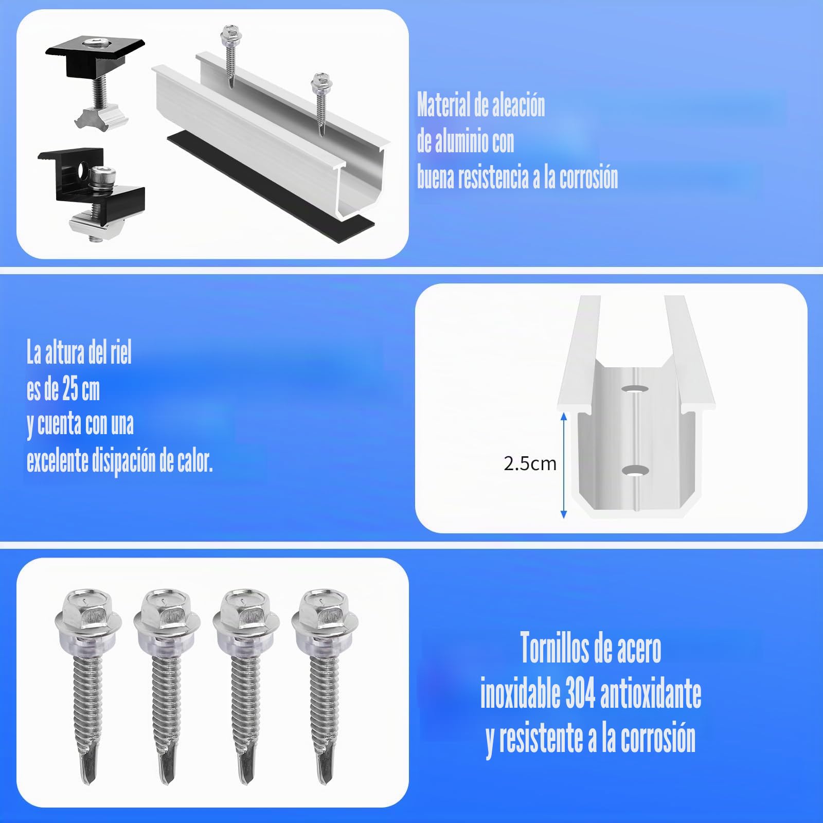 Soporte Panel Solar 12cm Aluminio, Abrazadera 30-35mm | Kit Universal: Compatible Tejado, Tejas, Techo Metalico y Autocaravana – Clips de Puesta a Tierra Incluidos, Solucion Complet