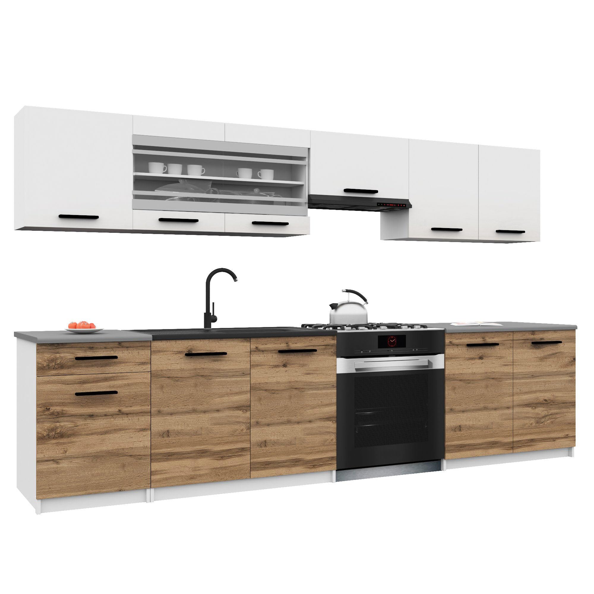 Belini Italia 4 Liniowa szafka kuchenna 260 cm biało-brązowy złoty | ECONATURA DECOR Liniowa szafka kuchenna, szafka, bez sprzętu AGD, z blatem roboczym