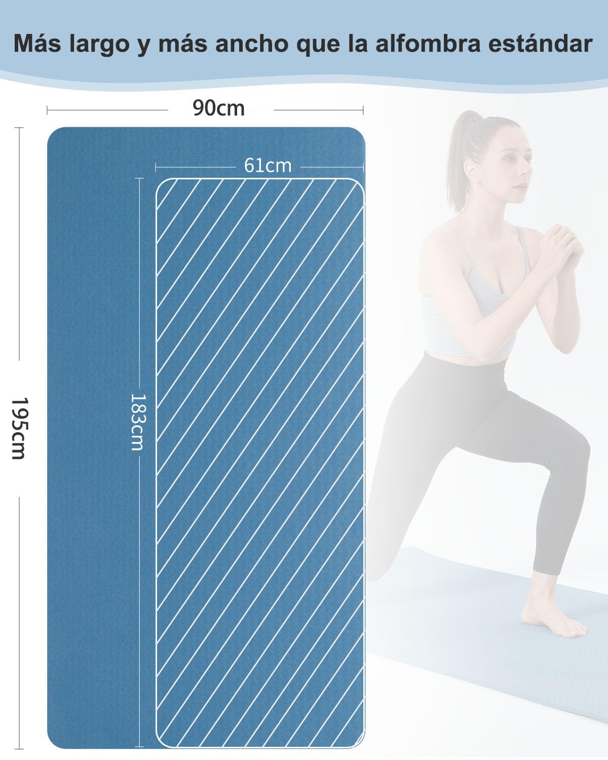 Esterilla de yoga antideslizante, 195 x 90 cm, TPE, 10 mm de grosor, esterilla de fitness XL, con correa de transporte + bolsa para pilates, yoga, entrenamiento
