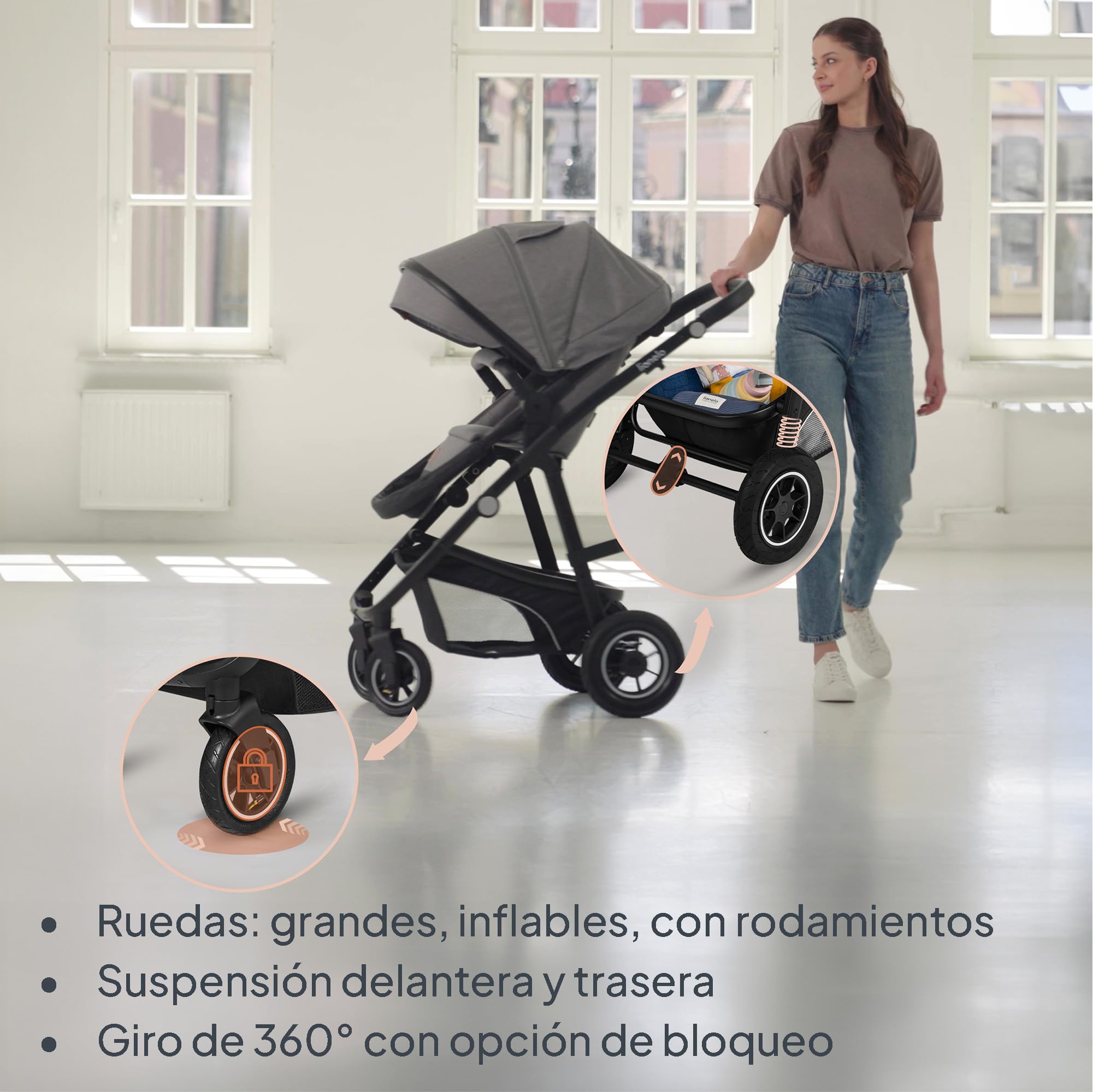 LIONELO BIANKA Cochecito de Bebé 3 en 1 (22 kg) Portabebés (9 kg) Silla de Coche (13 kg), Plegable, Sistema de Viaje Respaldo Ajustable Ruedas 360o Amortiguación, Capota XXL, Carrito de Bebe