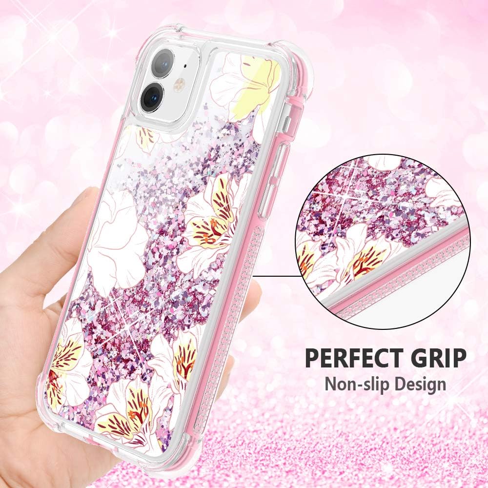 Caka Case for iPhone 11 Case Glitter Liquid Flower Full Body Protection with Built in Screen Protector for Girls Women Girly Floral Bling Protective Case for iPhone 11 6.1 (Yellow White)