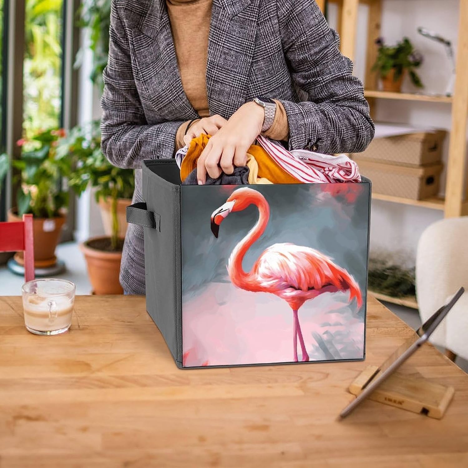 Folding Storage Bins Oxford Fabric Clothes Storage Boxes with Handles | Painting Flamingo Cube Organizer, Easy to Store, Multi Functional Cube Storage Organizer for Office Bedroom