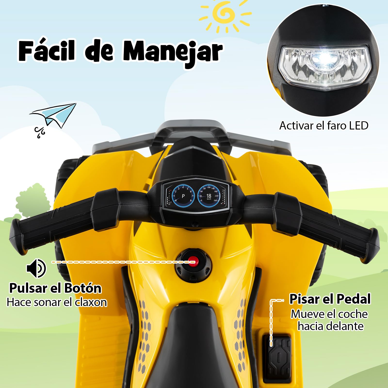 COSTWAY Quad Electrico Niño, ATV Coche Cuatrimoto Infantil de 6V con Sonido de Claxon, Faros LED, Cuatrimoto de 4 Ruedas, Carro Electrico para Niños de 18-36 Meses