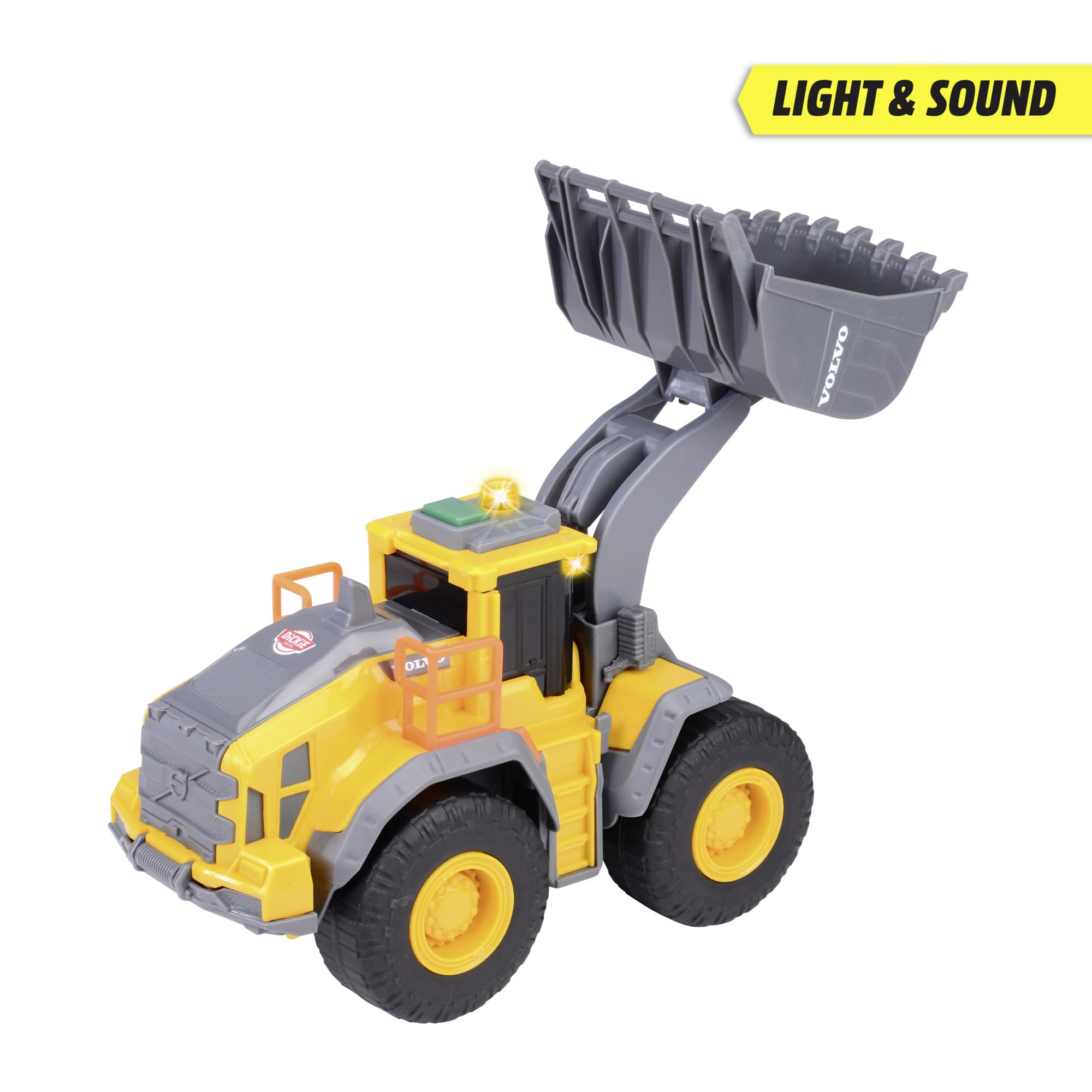 Dickie Toys 203723006 Volvo Ładowarka kołowa 23 cm z ogromną łopatą, światła i efekty dźwiękowe, zabawka na plac budowy dla chłopców i dziewcząt w wieku od 3 lat