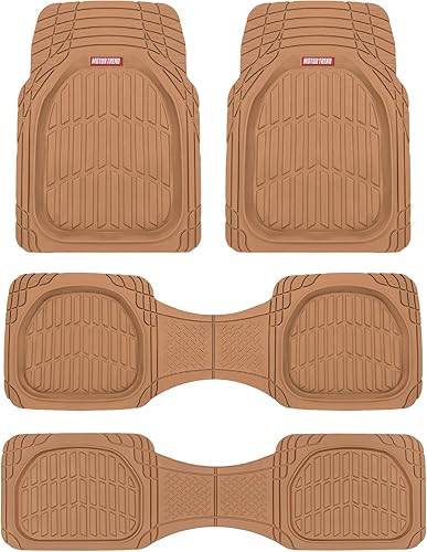 Motor Trend Original FlexTough Beige Rubber Car Floor Mats for 3 Row Vehicles, Front & Rear 2nd Row Deep Dish All Weather Automotive Heavy Duty Trim
