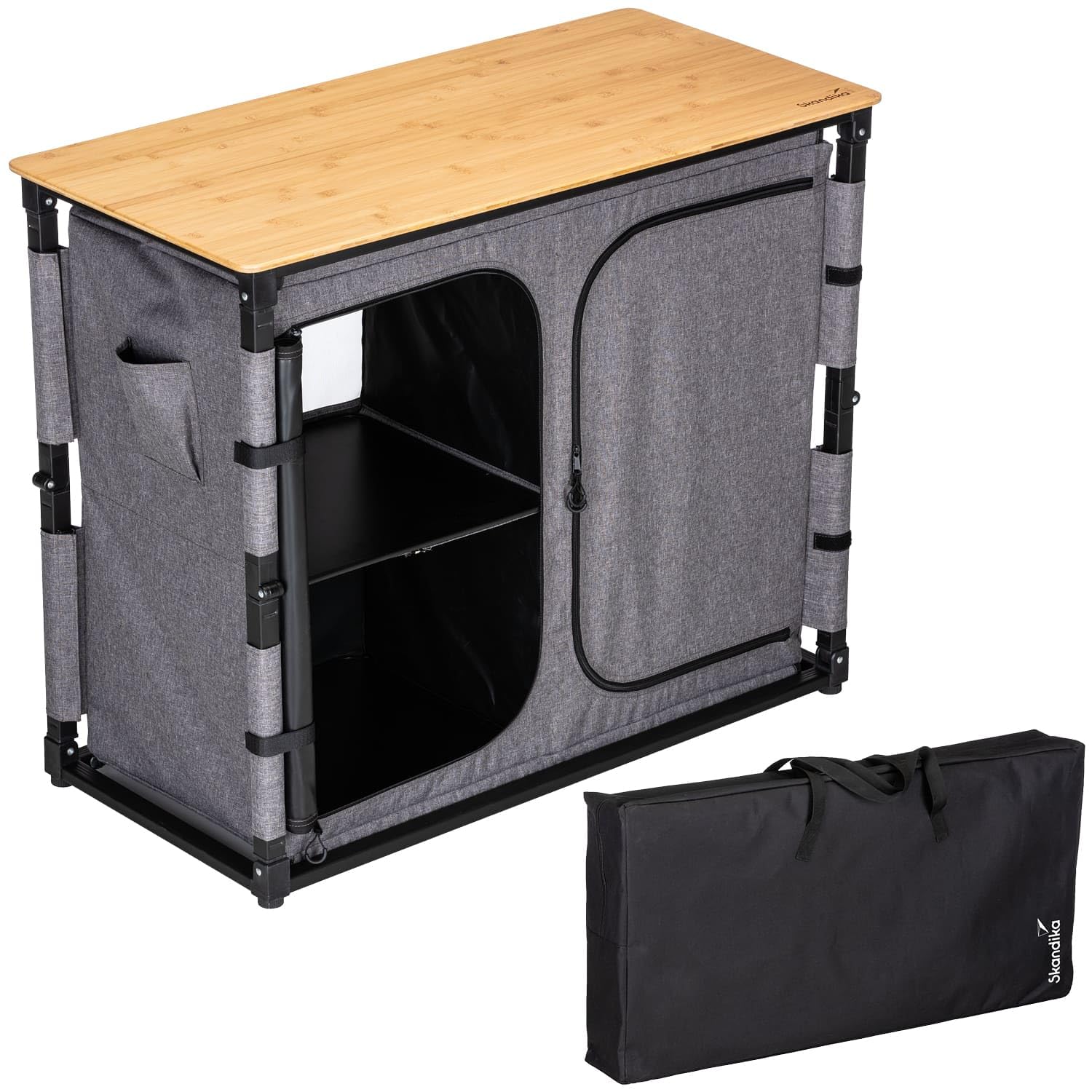 Skandika Campingschrank Triabo |Bambus Arbeitsplatte, Outdoor-Schrank  faltbar, 4 Fcher mit festen Einlegebden, unterteilbar, Tragetasche,  Campingkche | Camping Zubehr, Outdoor Kche, Zelt : Amazon.de: Garten