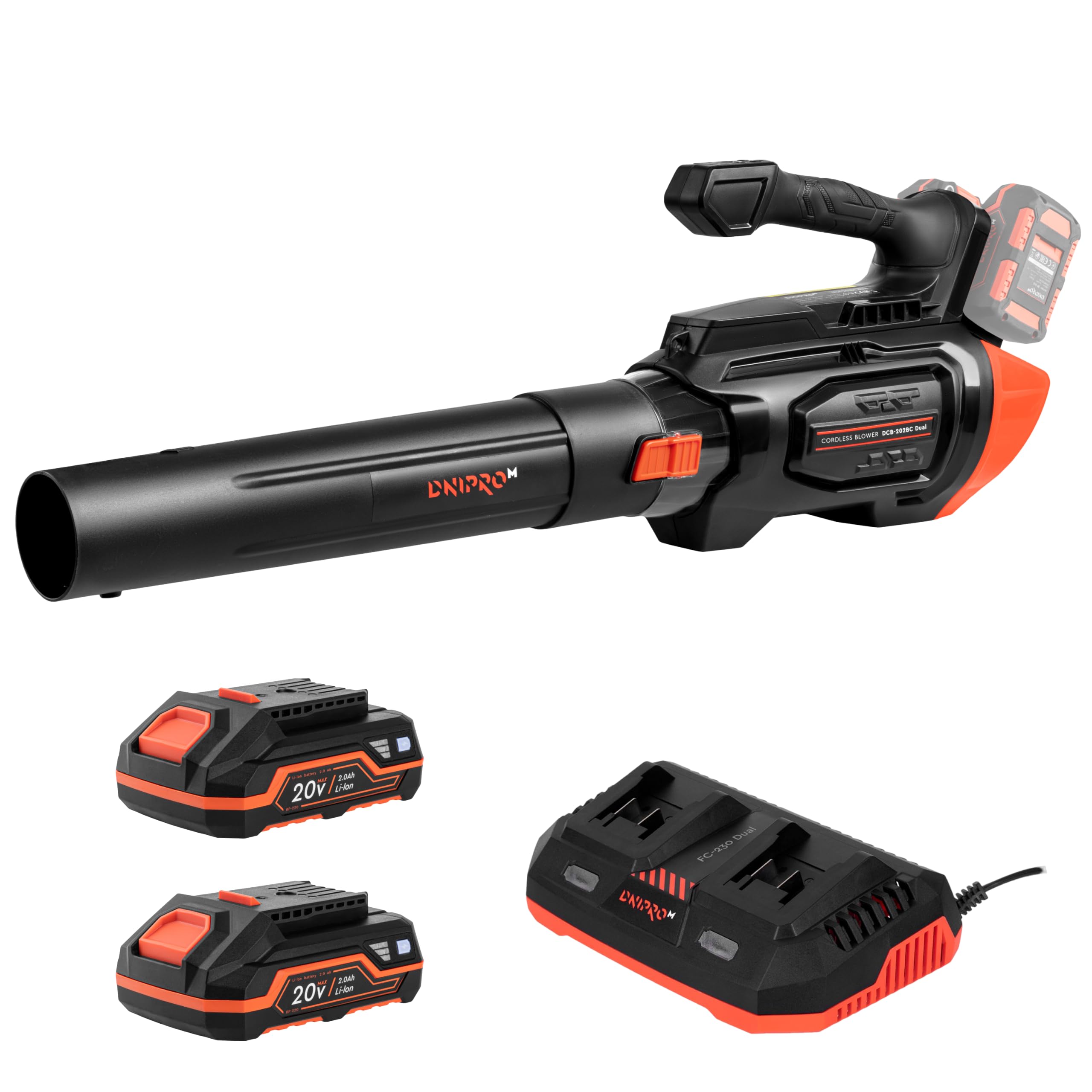 Soplador de Hojas Inalámbrico DCB-202BC Dual - Limpieza Potente Kit con 2 Baterías 2 Ah y Cargador, Motor Brushless, 1020 m³/h, 240 km/h, 4 Velocidades + Turbo - Jardín, Patio y Garaje - por Dnipro-M