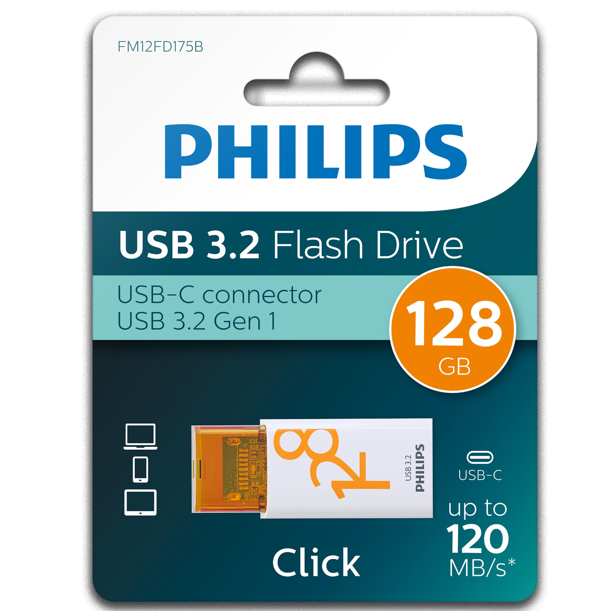 Philips Click Edition pamięć flash USB-C port USB 3.2 Gen 1 USB 128 GB do komputera, laptopa, smartfona, tabletu z portem USB-C, prędkość odczytu do 120 MB/s