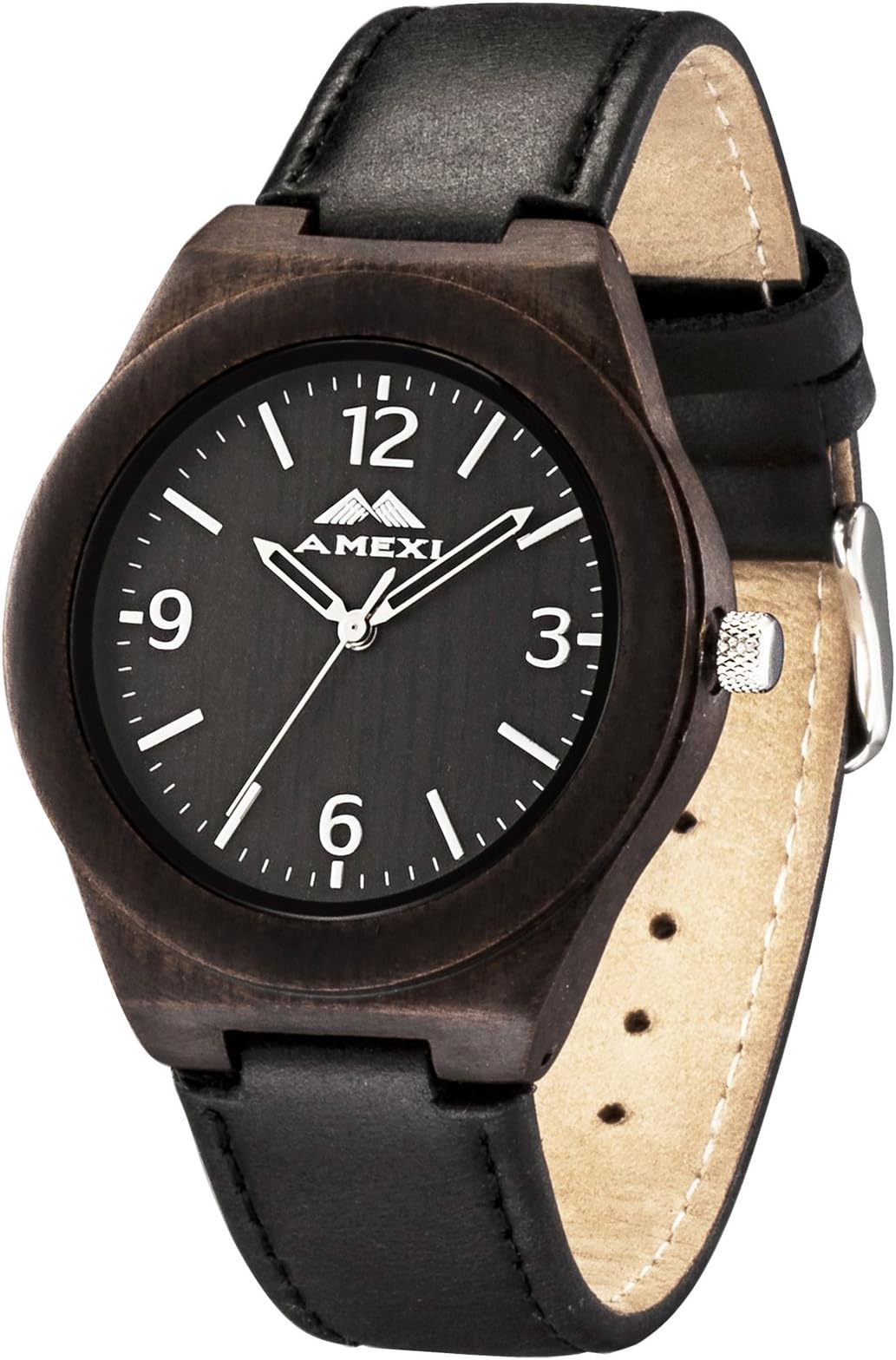 Amexi Wooden Watch with Genuine Leather Strap Suitable for Men and Women, Boy and Girl