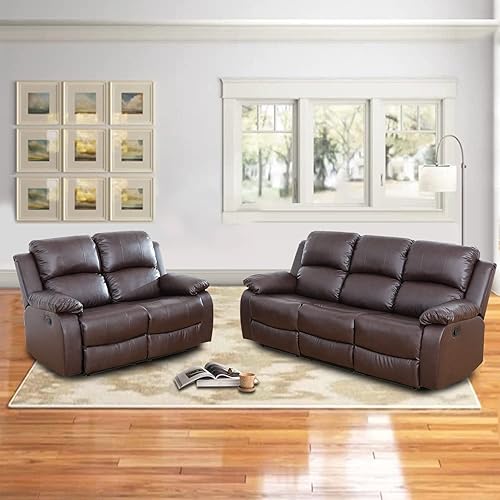 2 Pieces Leather Sofa Reclining Living Room Furniture Set,Leather Recliner Sofa for House/Office(Sofa and Loveseat) Brown