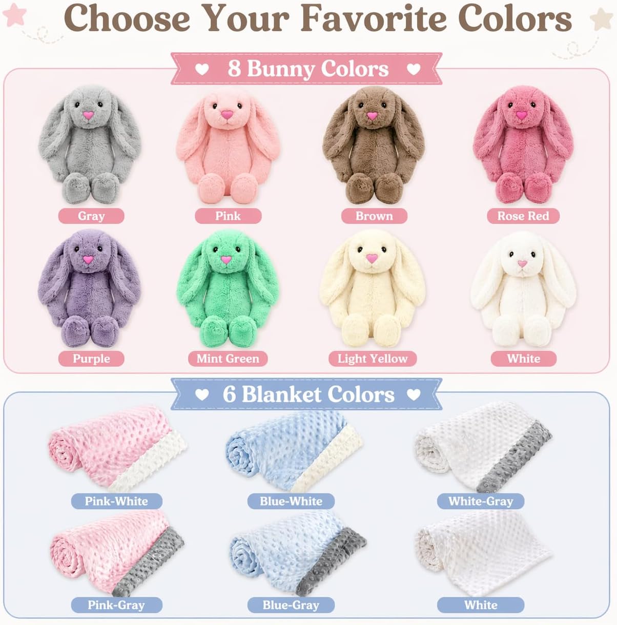 KAINSY Personalized Baby Blanket with Plush Bunny Set, Custom Baby Blanket with Embroidered Name, Double Flannel Dotted Backing Swaddle & Rabbit Gift Set for Toddler, Baby Shower New Baby for Girls