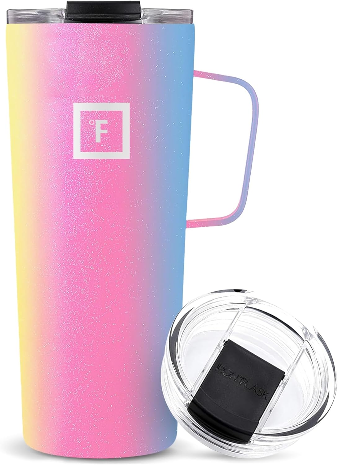 IRON °FLASK Grip Coffee Mug – Leak Proof, Vacuum Insulated Stainless Steel Bottle, Double Walled, Thermo Travel, Hot Cold, Water Metal Canteen – Rainbow, 24 Oz – Classic Bottom