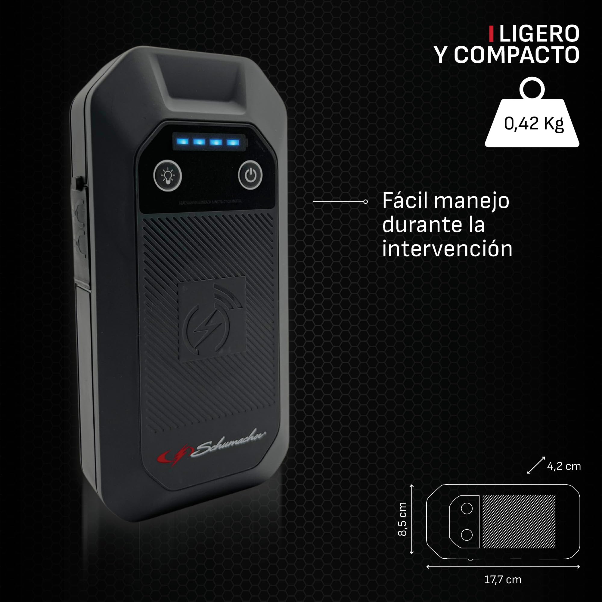 Schumacher Electric Compact SBX504 - Arrancador Coche 1000A 12V - Jump Starter Litio con Pinzas Seguras - Gasolina 6L / Diésel 3L - USB-C, Carga Inalámbrica, LED - Override y Pre-Heating | Motores Gasolina 6L Diesel 3L, Powerbank 6400mAh, carga inalámbric
