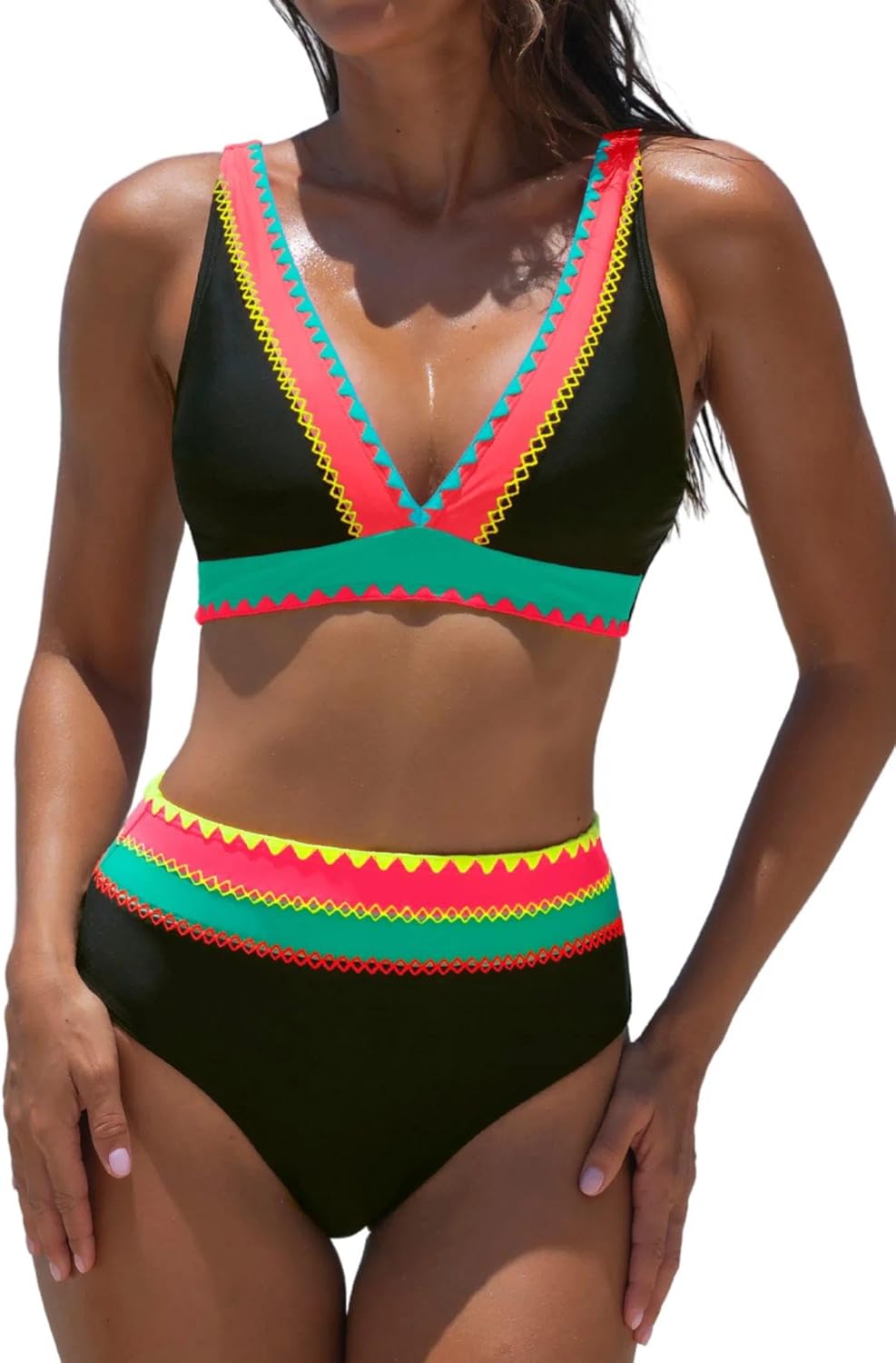 popvil High Waisted Bikini Sets for Women Two Piece Swimsuit Neon Bathing Suits V Neck Full Coverage Swim Suits 2026