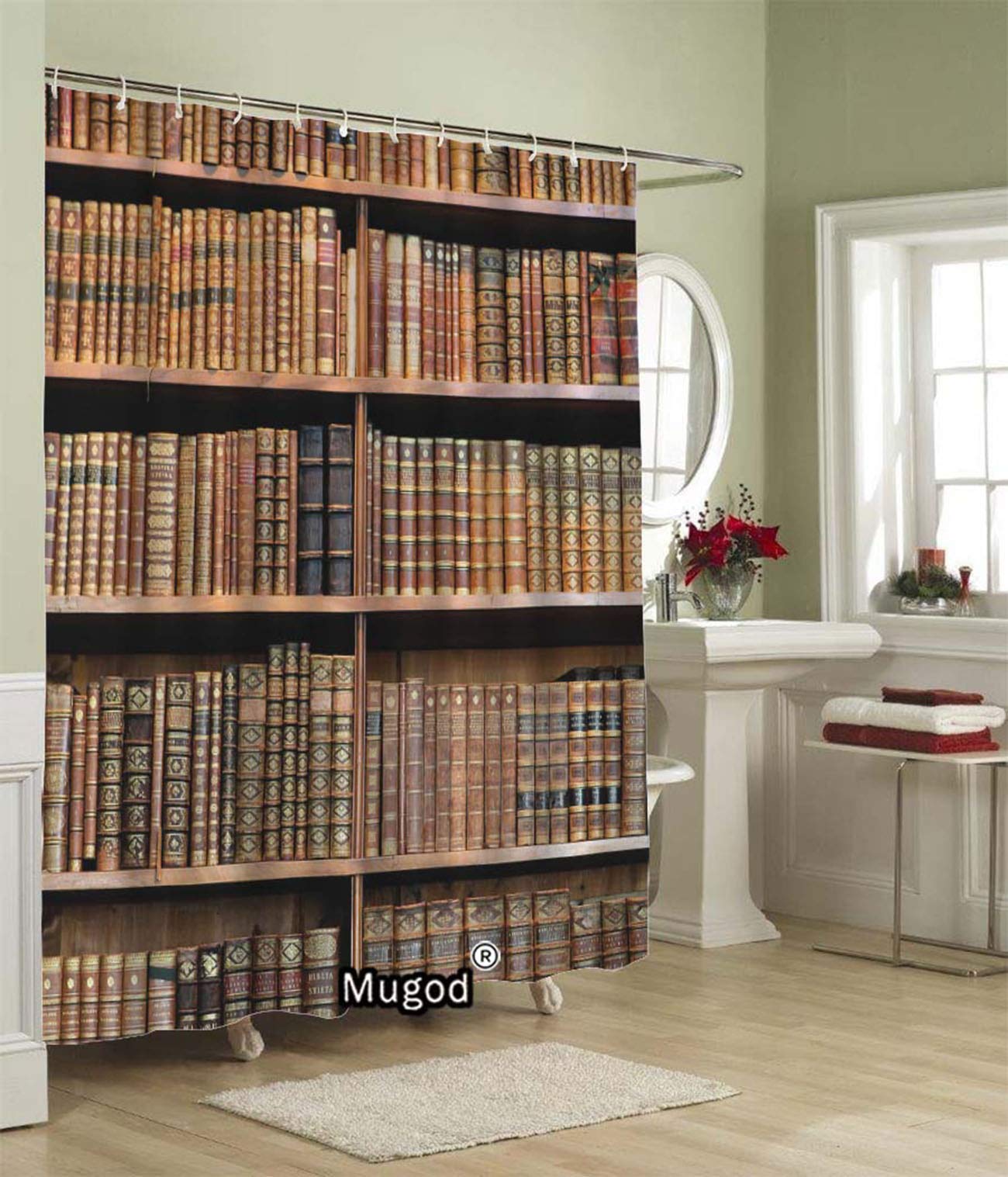Mugod Duschvorhang 'Bibliothek' – Wasserdicht, Mit Holzregal-Design Fürs Badezimmer