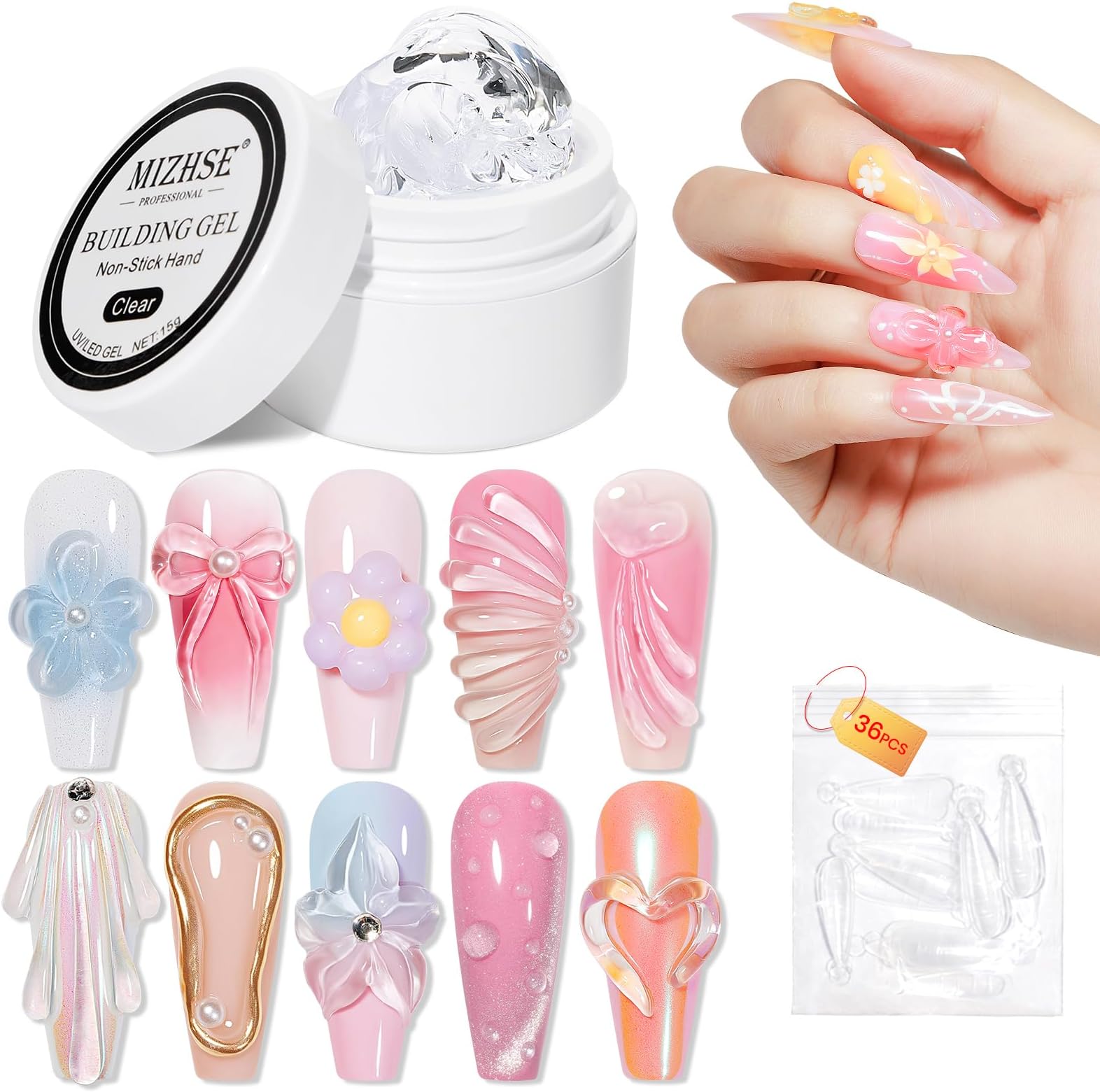 Solid Builder Gel Clear 3D Nail Gel, Non-Stick Hand Sculpting Gels for 3D Nail Art Carving Building Modeling, Nail Extension, Soak Off UV/LED Nail Art Salon Home DIY