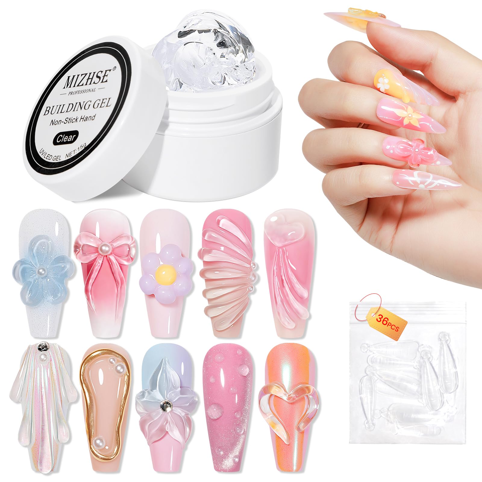 MIZHSE Solid Builder Gel Clear 3D Nail Gel, Non-Stick Hand Sculpting Gels for 3D Nail Art Carving Building Modeling,Nail Extension,Soak Off UV/LED Nail Art Salon Home DIY 15g