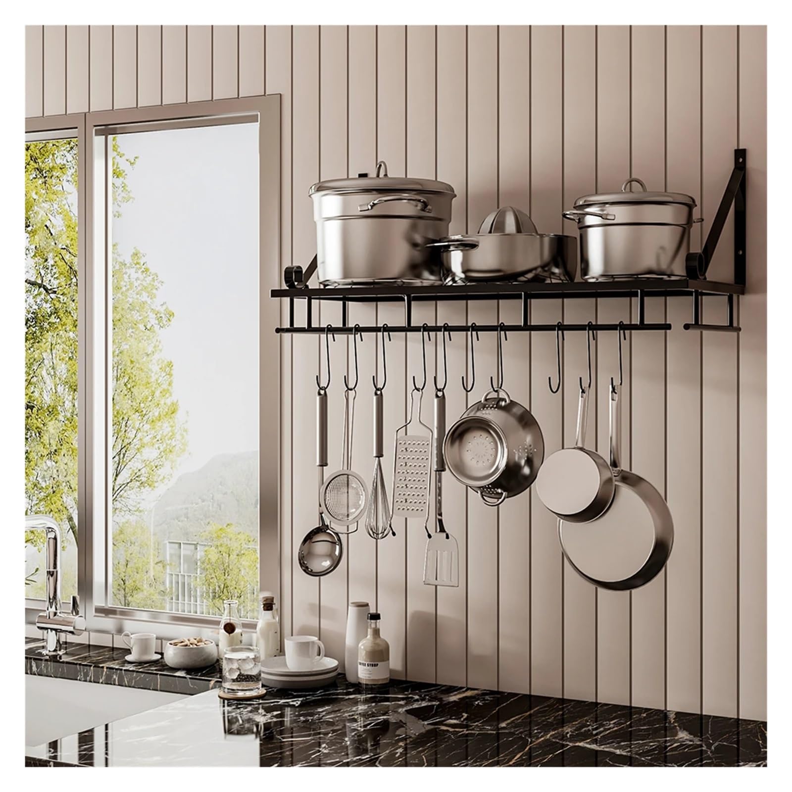 SparklWLeaf Wall-Mounted Kitchen Rails 60CM Wall Mounted Kitchen Organiser Rack Hanging Pot Pan Shelf with Hooks