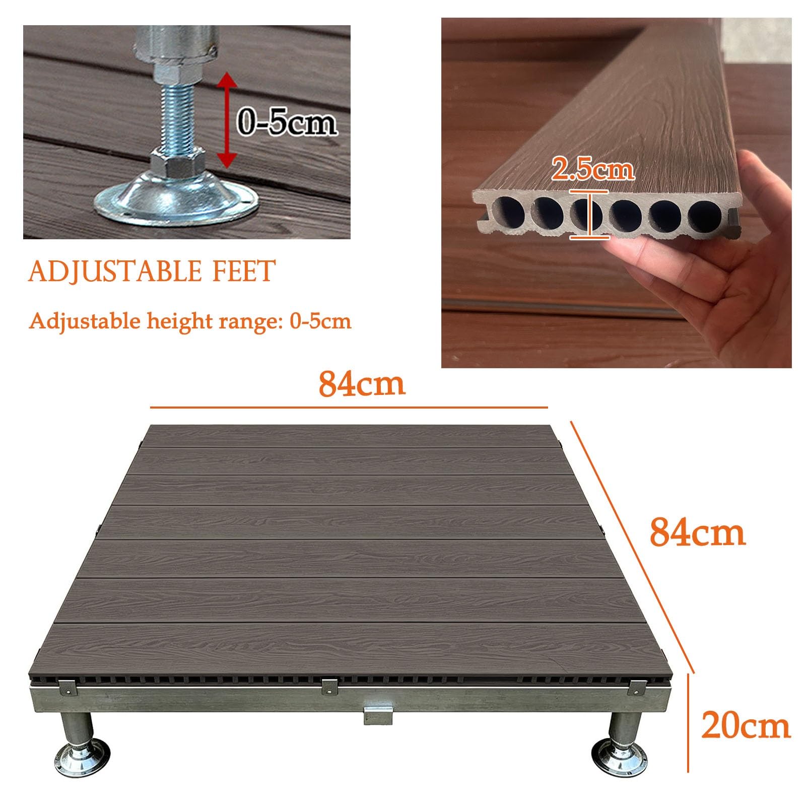Piattaforma Composita Modulare Esterni, Piastrelle For Terrazza Ad Incastro | Piastrelle Da Terrazzo Rialzate In WPC 84×84cm, Con Piedini Regolabili, Impermeabile Antiscivolo(Grayish brown)