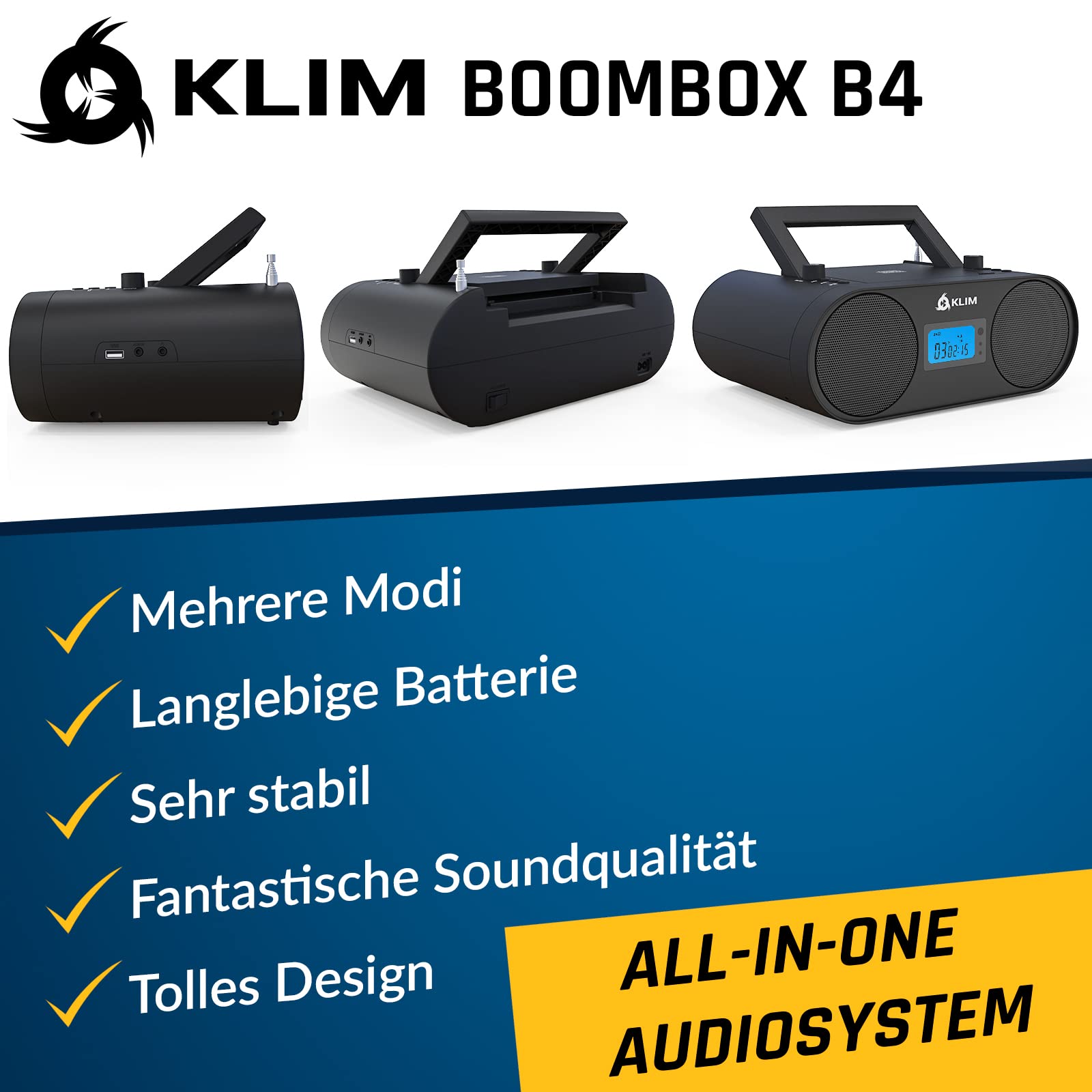 KLIM Boombox B4 Radio mit CD Player + AM/FM Radio, MP3, Bluetooth, AUX, USB tragbar mit kabellosem Modus und aufladbaren Akku + Mit Fernbedienung, Autosleep, Digital EQ