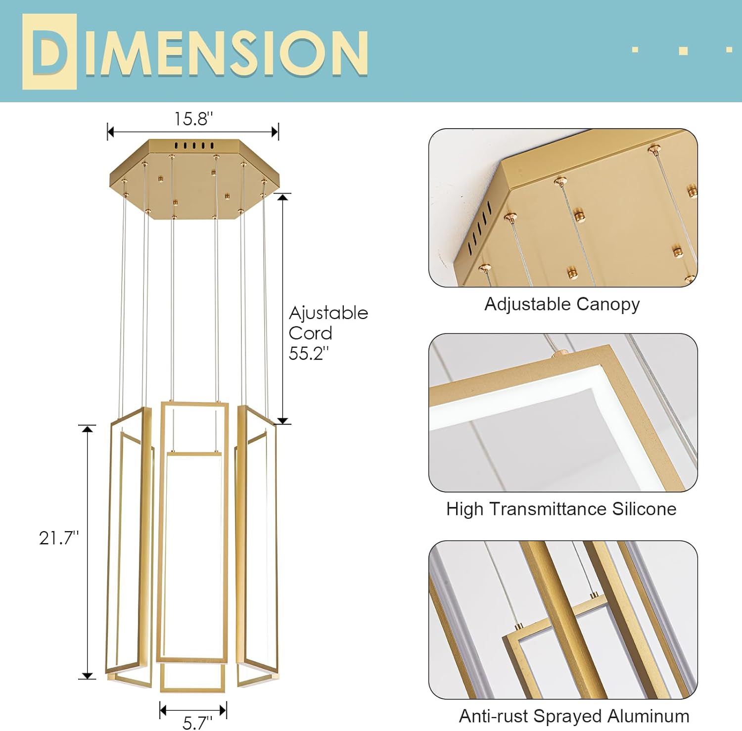CHYING Gold Modern LED Staircase Chandelier, 6 Rectangle 96W Dimmable Long Chandelier for High Ceilings, Hanging Adjustable Pendant Light for Foyer Entryway Living Room