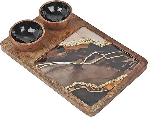 Miniatura 2 de Bandeja rectangular de madera hecha a mano con 2 cuencos para servir aperitivos antiguos utensilios de cocina plato decoración india regalo