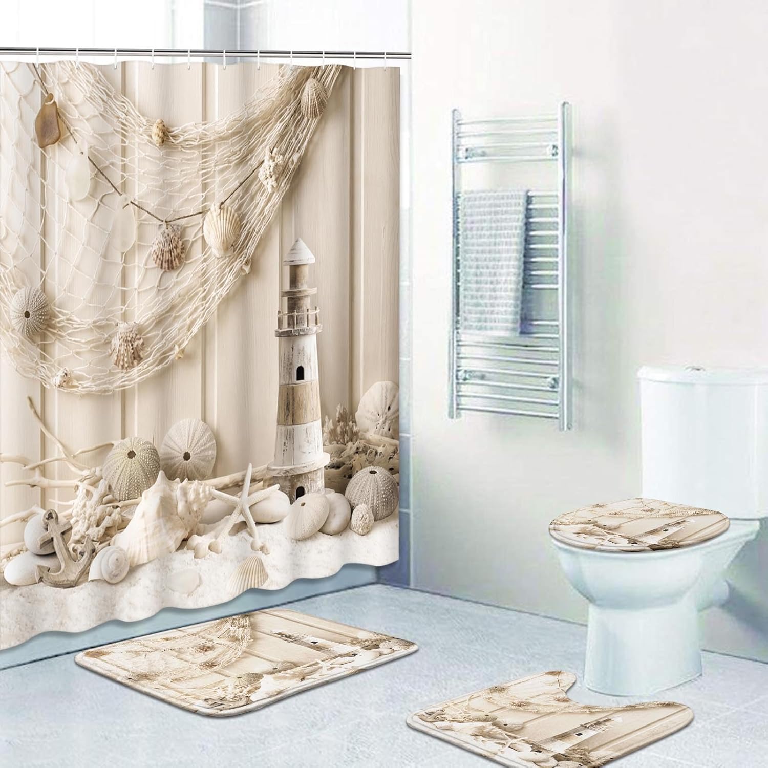 Britimes 4 Piece Shower Curtain Sets, Beach Beige with Non-Slip Rugs, Toilet Lid Cover and Bath Mat, for Bathroom Decor Set, 72" x 72"
