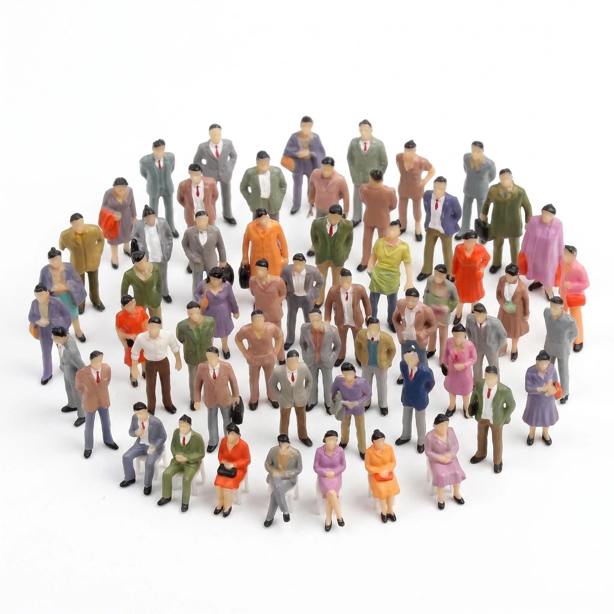 Mtbricey 50Pcs 1:50 Scale Mini People Figures, ABS Plastic Painted Model Train Architectural Tiny Figurines, Sitting & Standing Passengers for Railway Platform Diorama Village Miniature Scenes