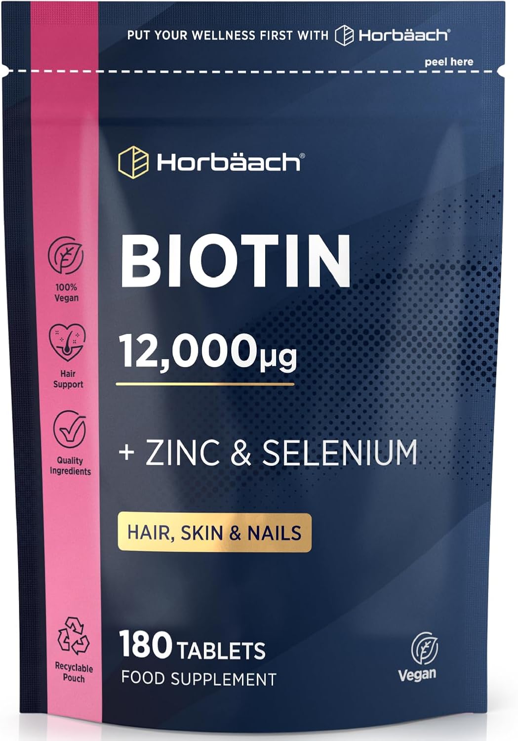 Biotin Hair Growth Tablets 12000mcg | 180 Count | High Strength Complex with Biotin (VIT B7), Zinc and Selenium | Hair Growth, Skin & Nail Vegan Supplement | by Horbaach